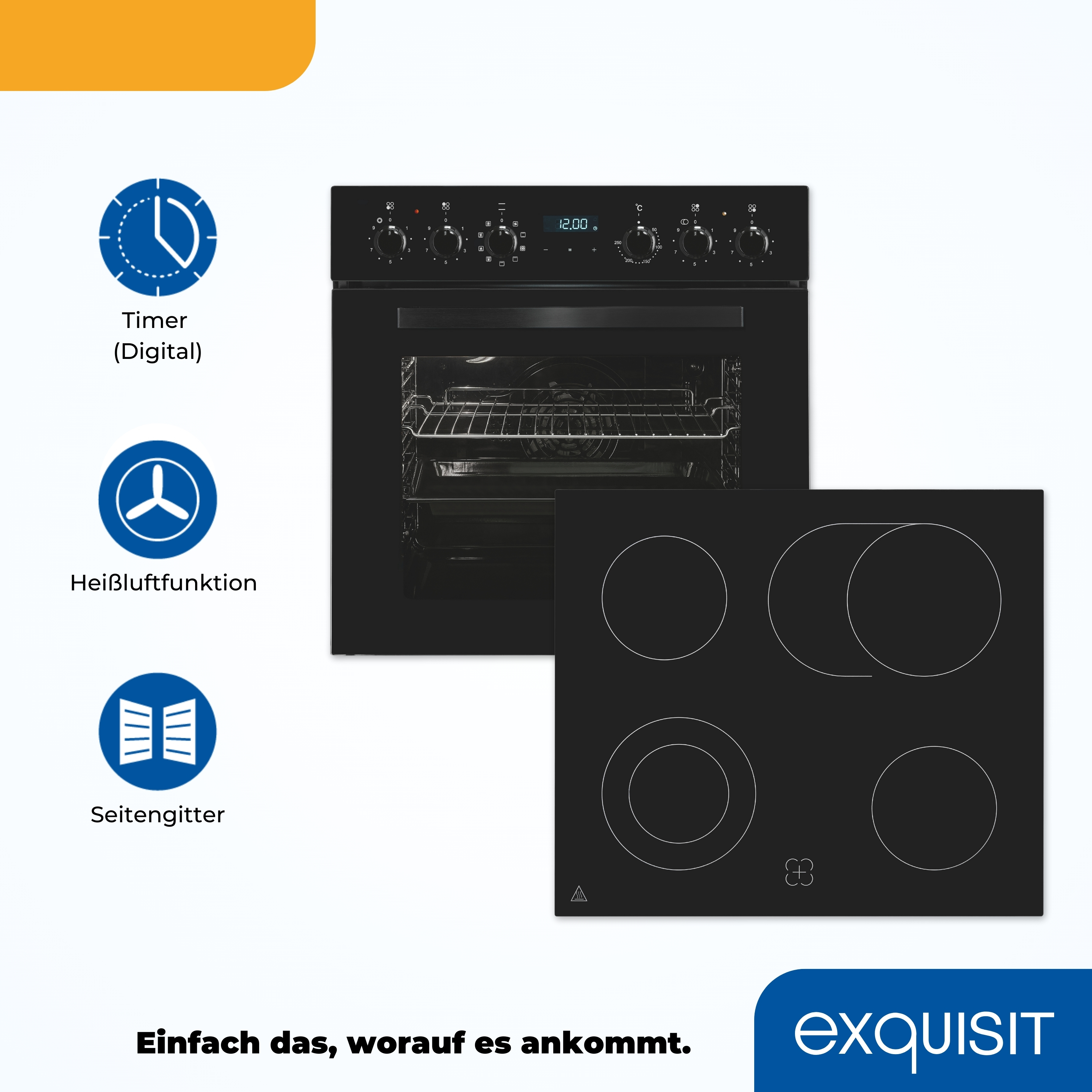 Ein schwarzer Ofen und ein schwarzes Kochfeld. Symbole zeigen Timer, Lüfter und Seitengitter. Text links.