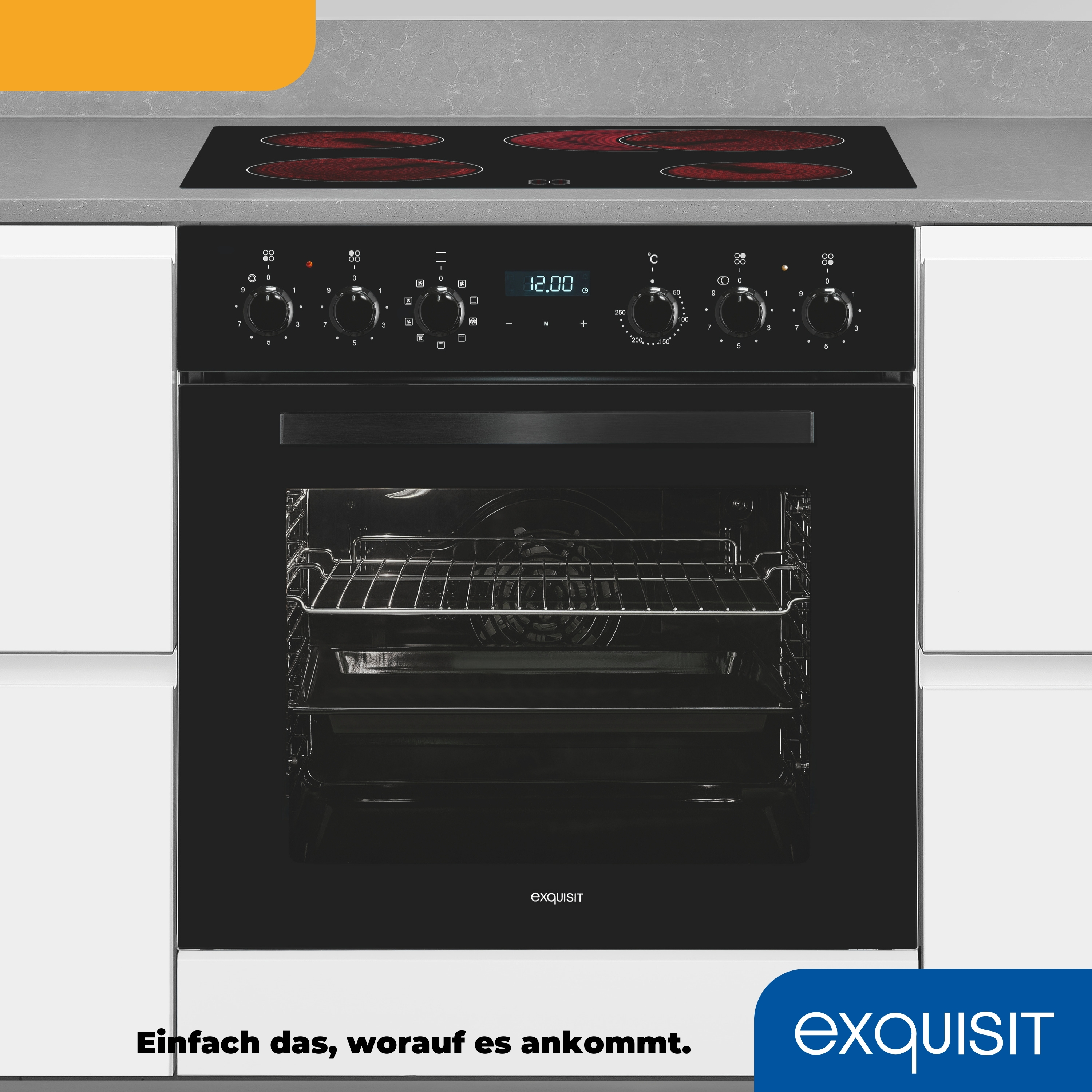 Schwarzer Backofen mit Digitalanzeige, eingebaut in einen weißen Küchenschrank. Kochfeld oben.