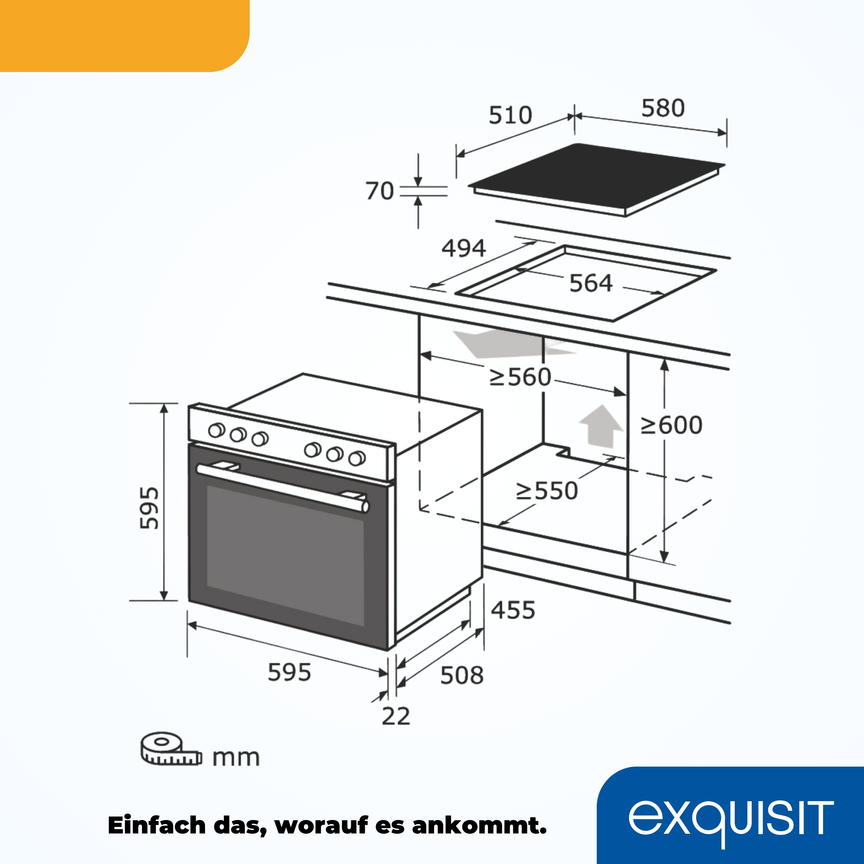 Diagramm eines Einbauofens mit Maßen und einem separaten Kochfeld darüber.