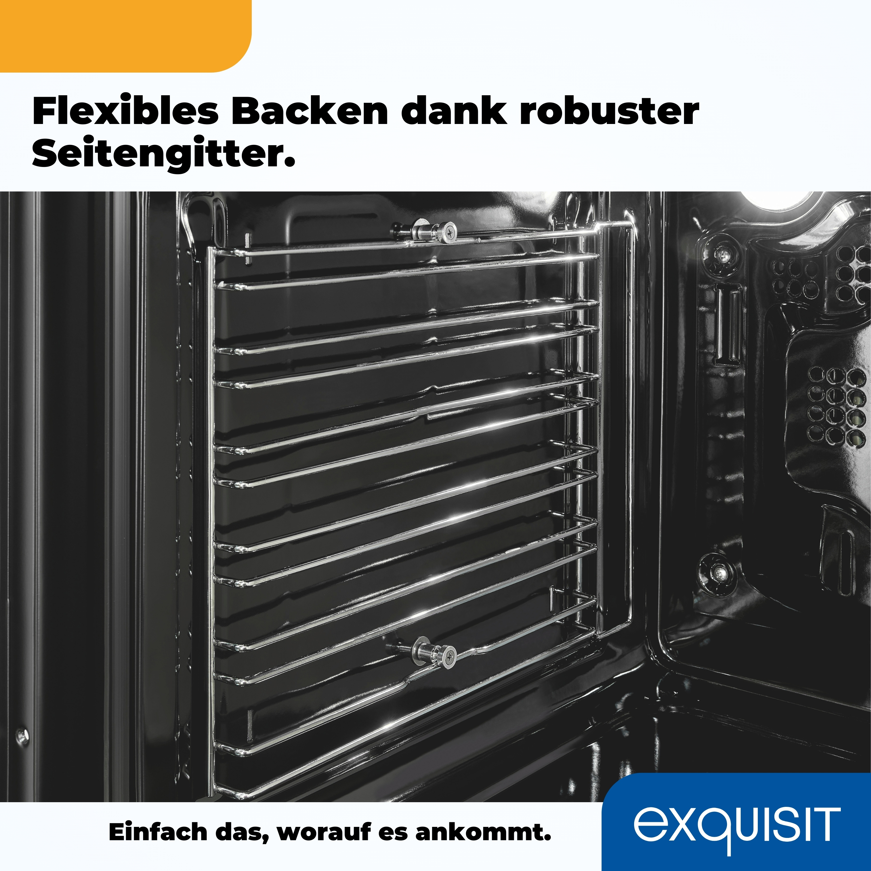 Im Ofen ist ein Metallrost sichtbar. Der Innenraum des Ofens ist dunkel, mit Fokus auf dem Rost.