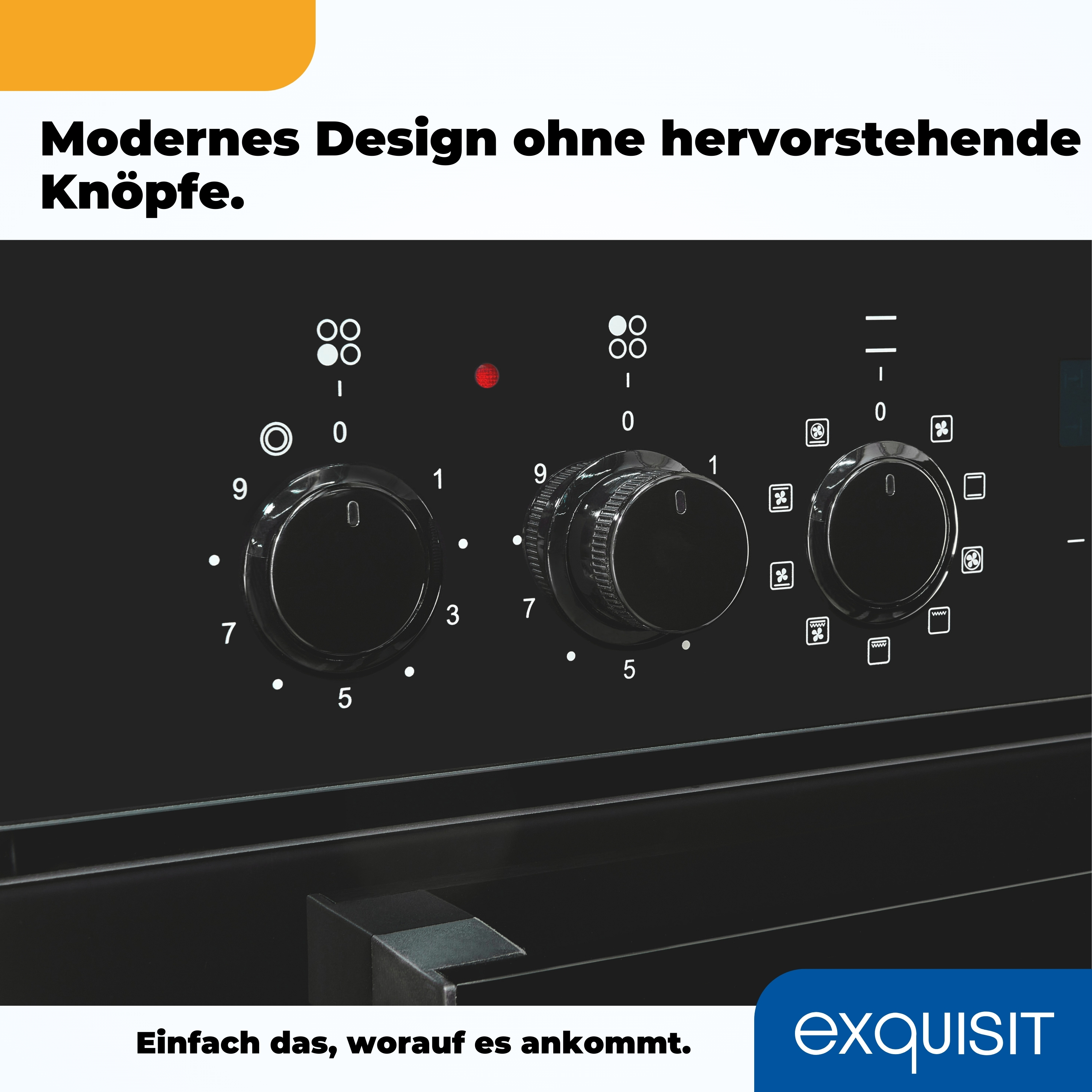 Nahaufnahme eines Backofen-Bedienfelds mit schwarzen Knöpfen und weißen Markierungen, mit rotem Licht.