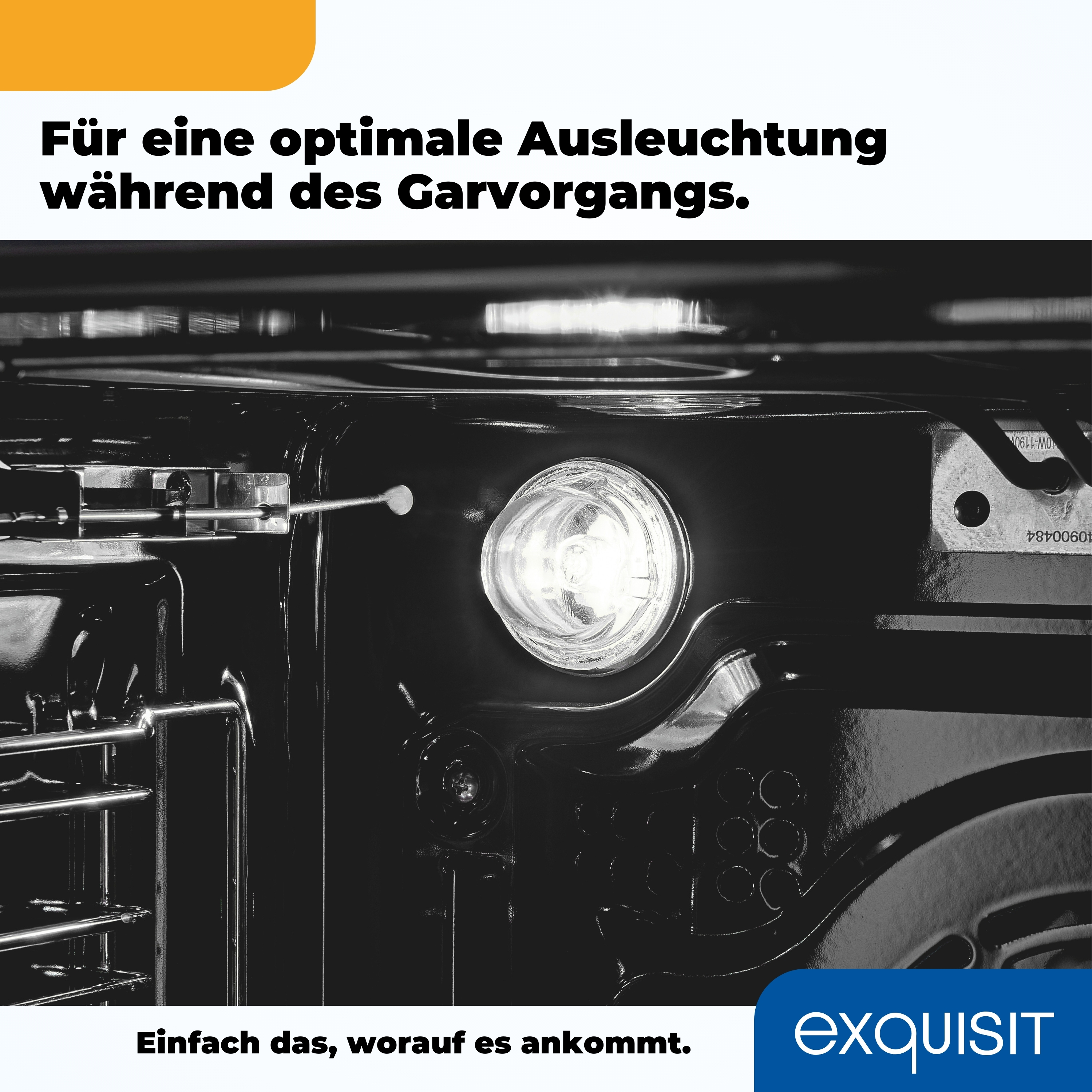 Ein Backofeninnenraum mit hellem Licht, das eine optimale Ausleuchtung während des Garvorgangs demonstriert, mit Text.