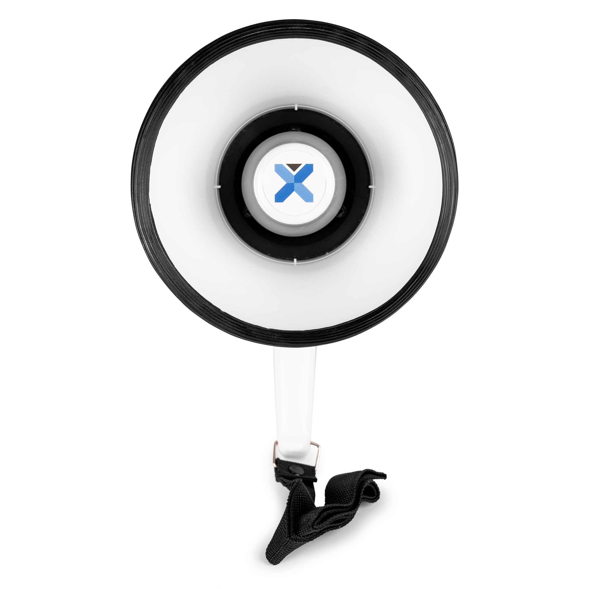 White megaphone with a black and white circular front. A black strap hangs below.