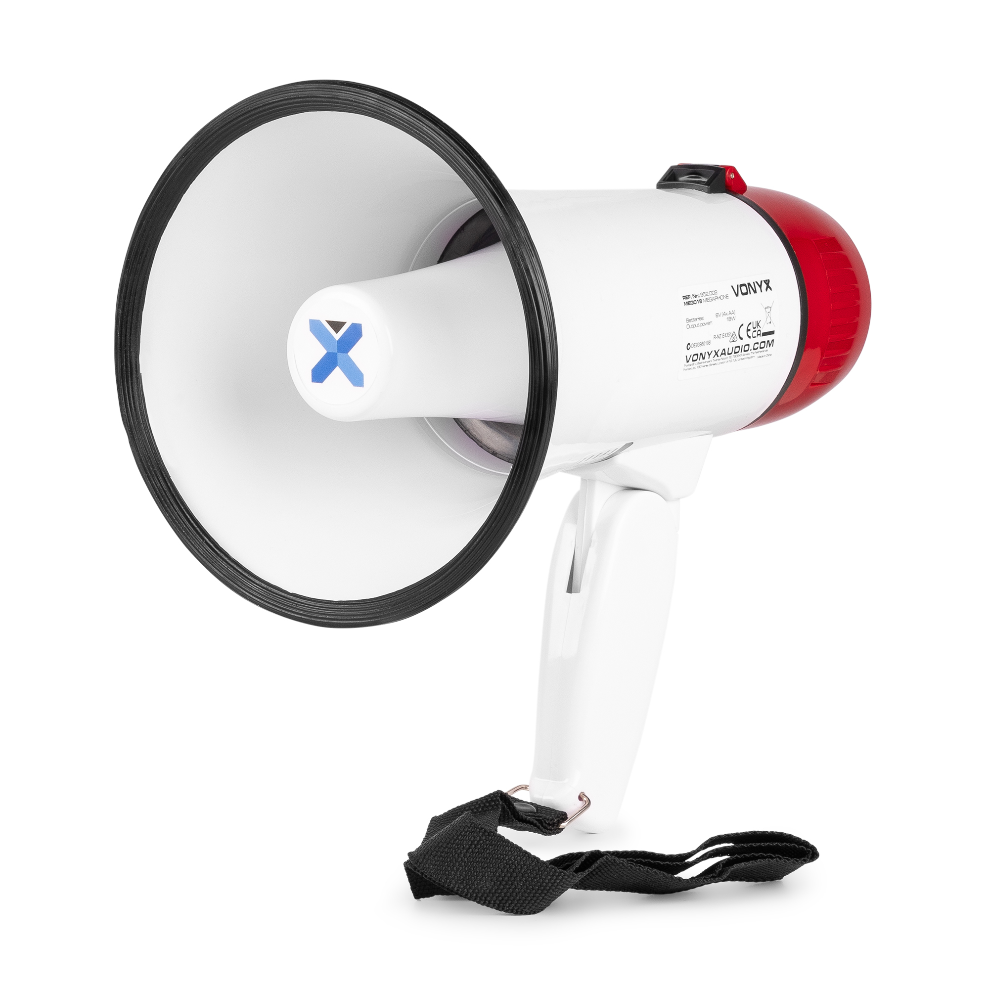 White megaphone with red top and handle. Black trim around the speaker. Black strap.