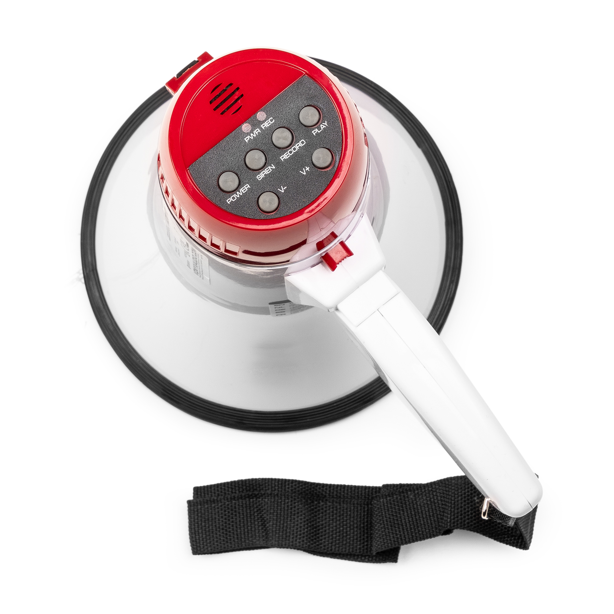 A red and white megaphone with buttons, a handle, and a black strap.