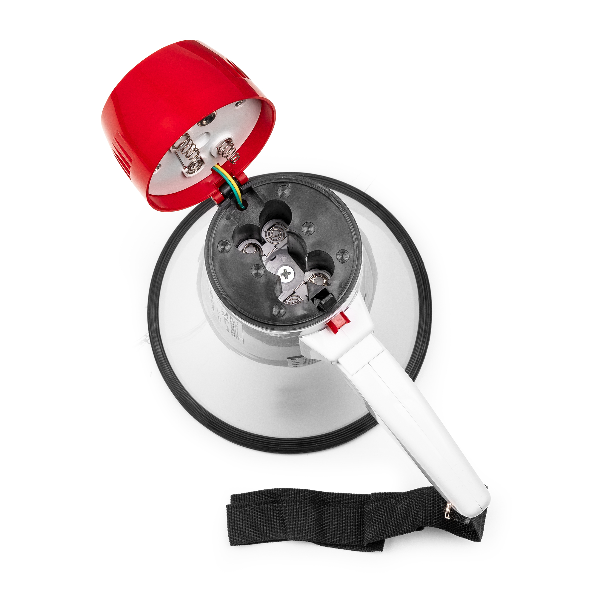 Megaphone with red top open, revealing the inside with batteries and wiring. White handle.