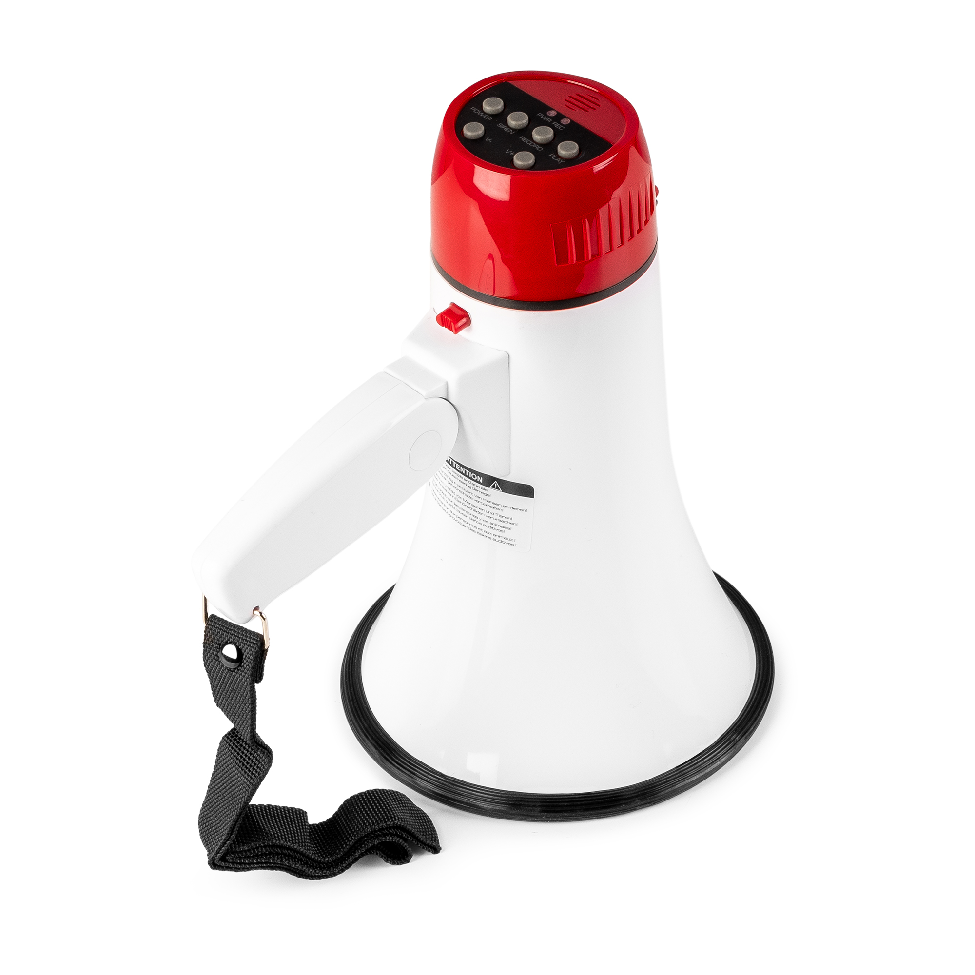 White and red megaphone on white background, with black strap.
