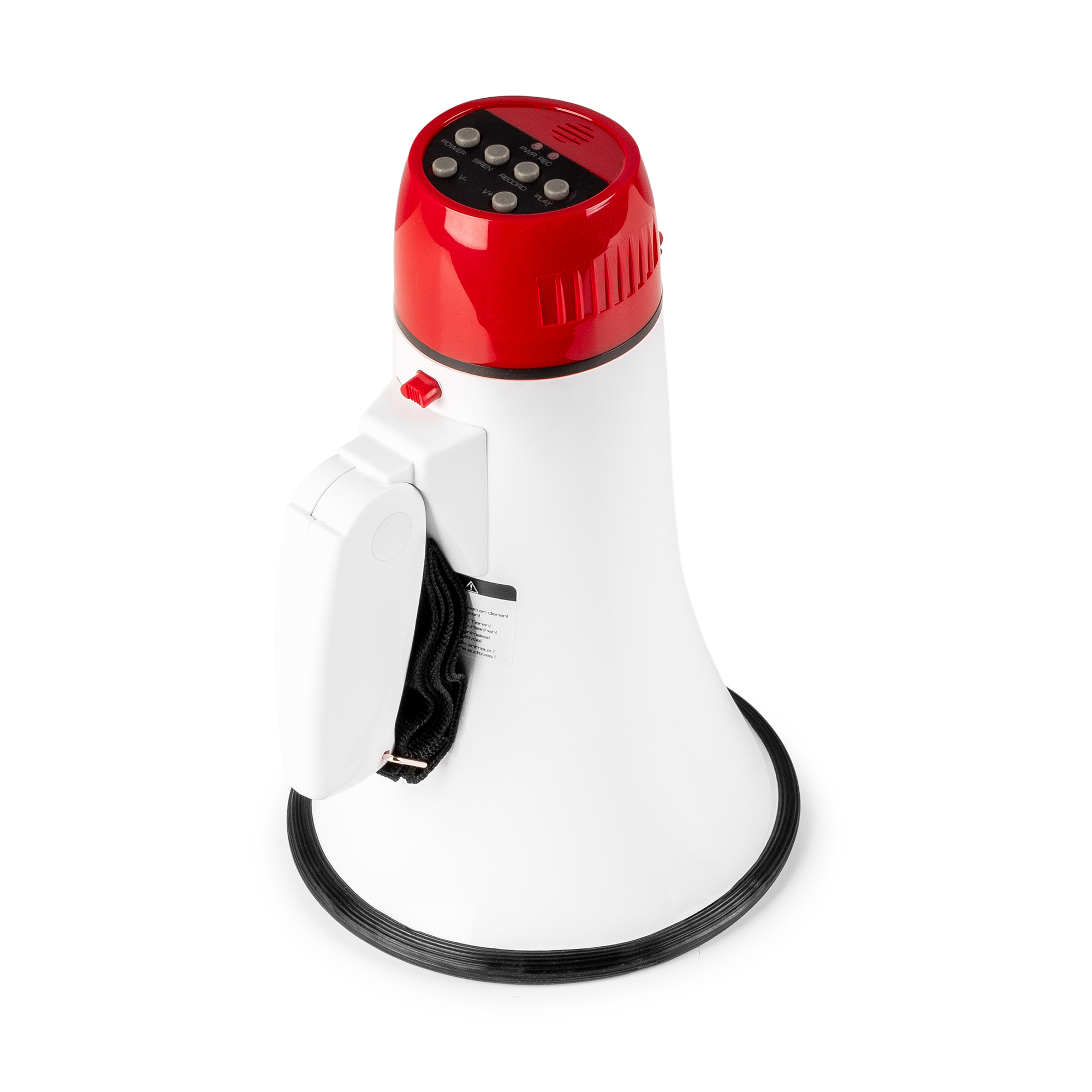 White megaphone with a red top and buttons. Black trim around the speaker. Black strap attached.