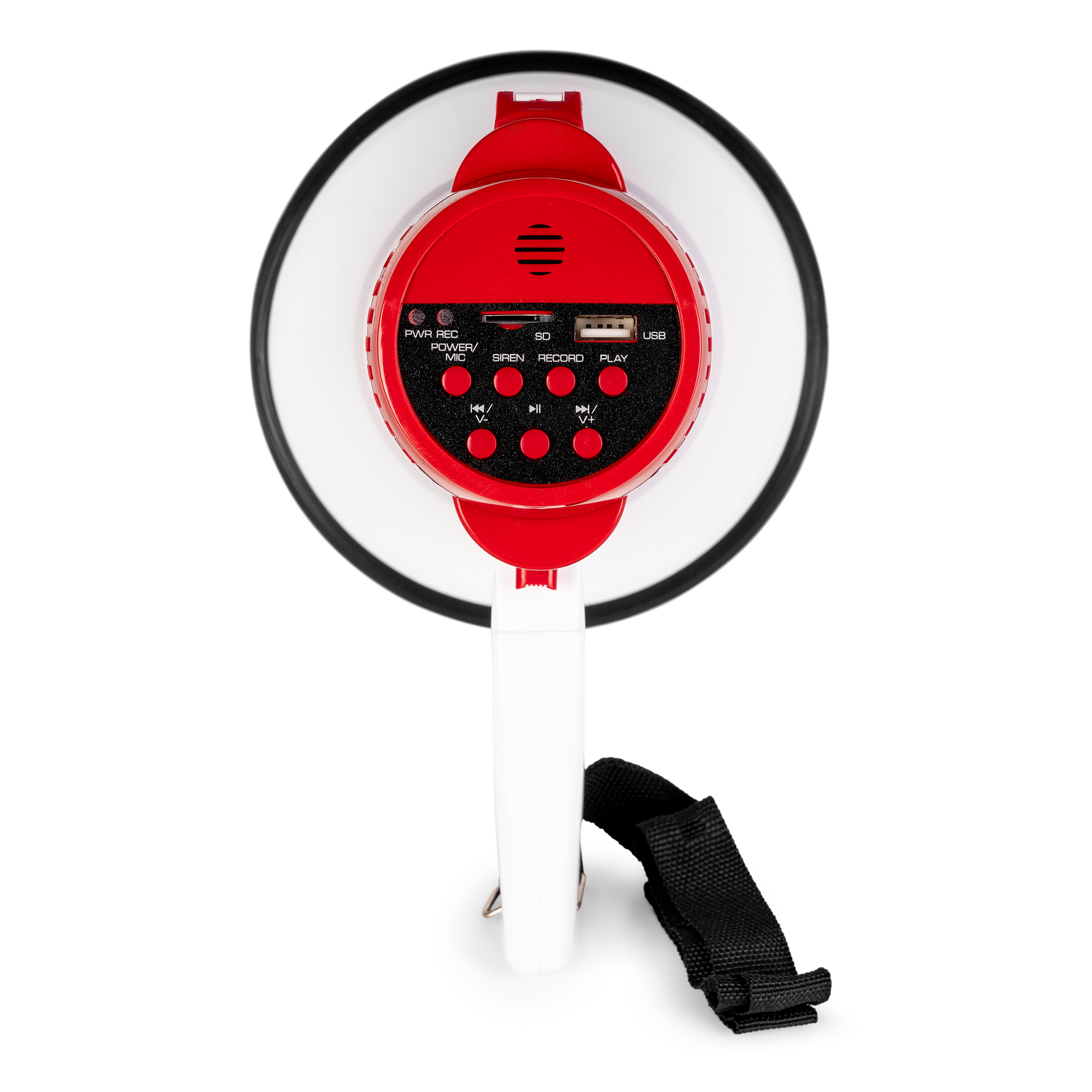 Megafon met rood bedieningspaneel met knoppen en poorten. Witte luidspreker en handvat. Zwarte riem.