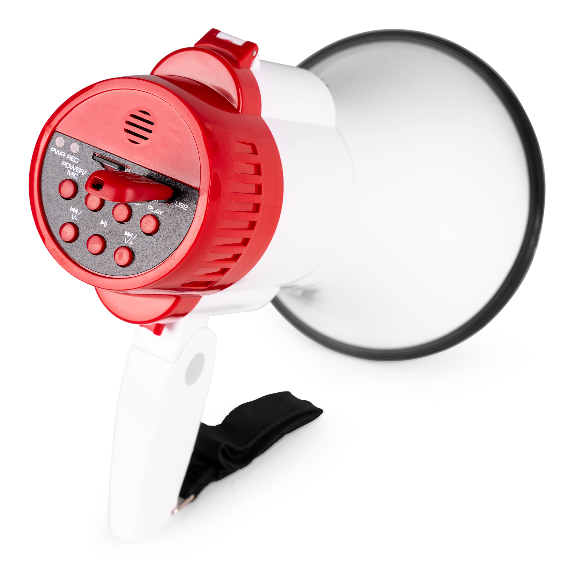 Een rood-witte megafoon met knoppen en een handvat, met een zwarte riem.