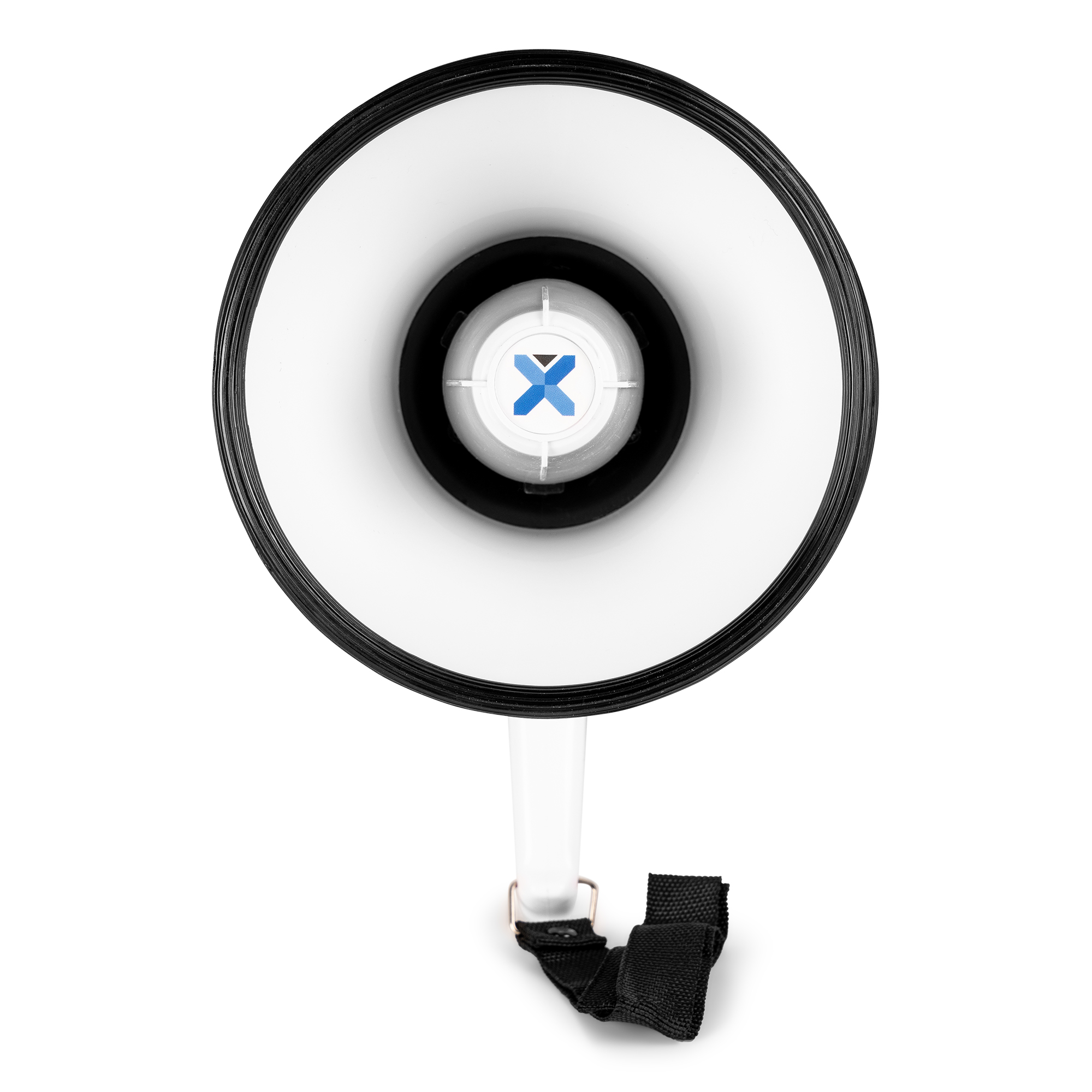 Megafon luidspreker. Witte binnenkant met blauw logo. Zwarte rand. Zwarte riem.