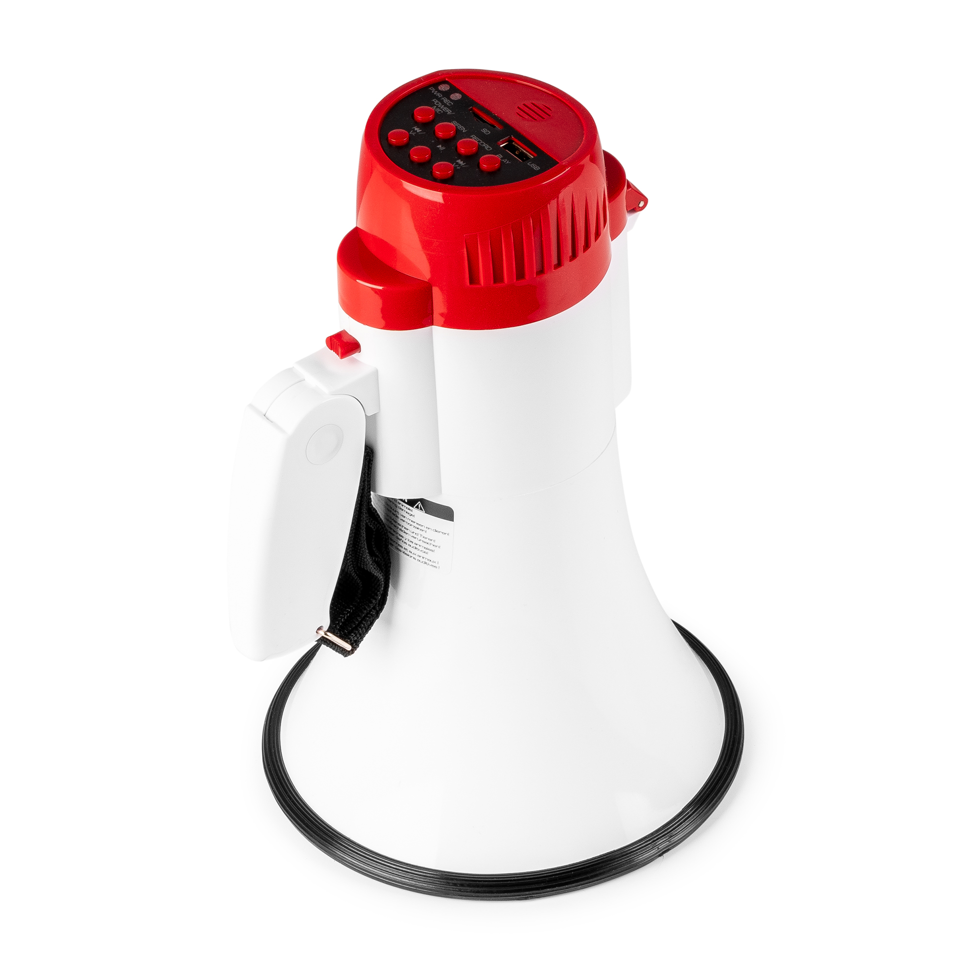 Witte megafoon met rode bovenkant en handgreep. Zwarte rand. Zwarte riem.