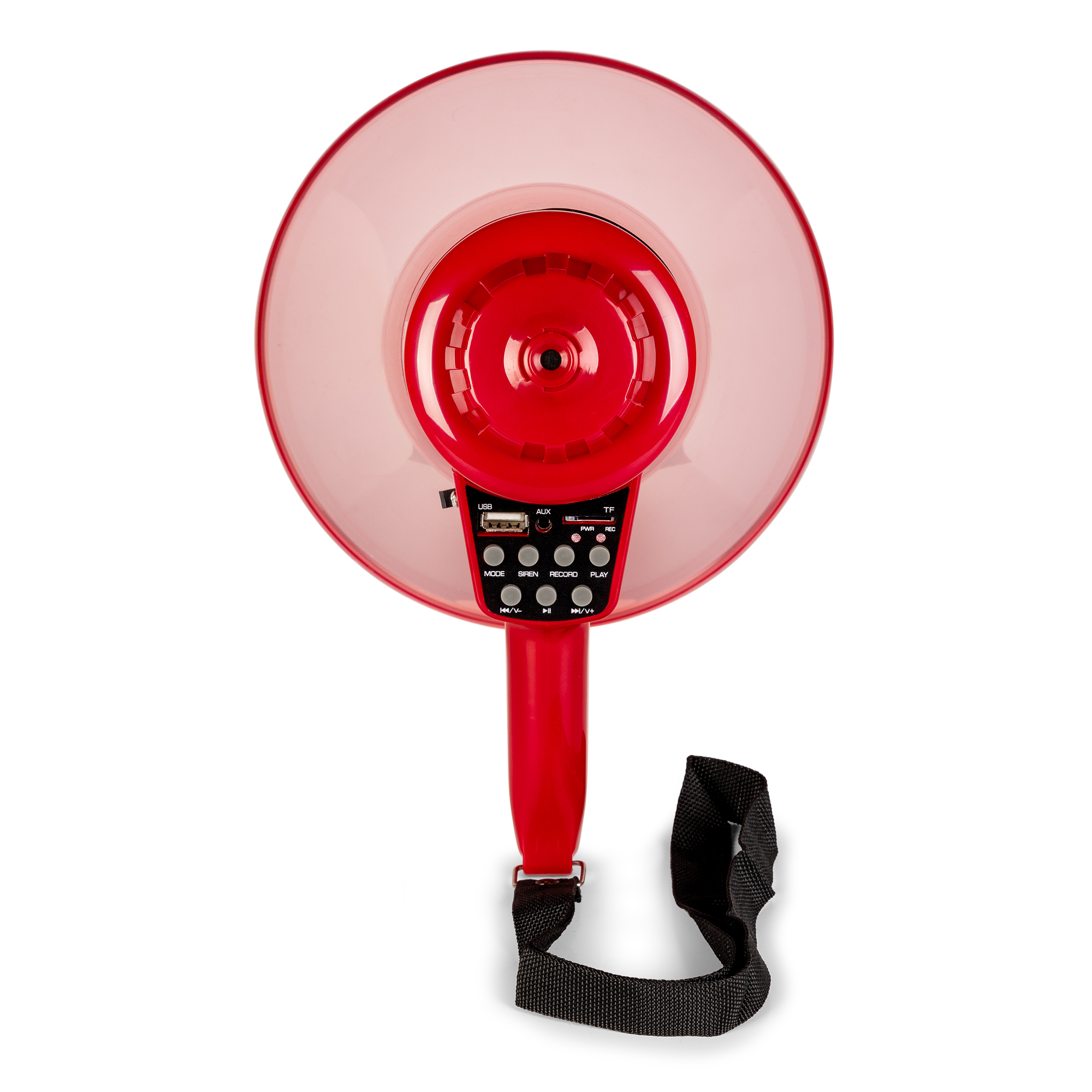 Un megáfono rojo, vista superior, que muestra puertos USB y AUX, y botones de control.