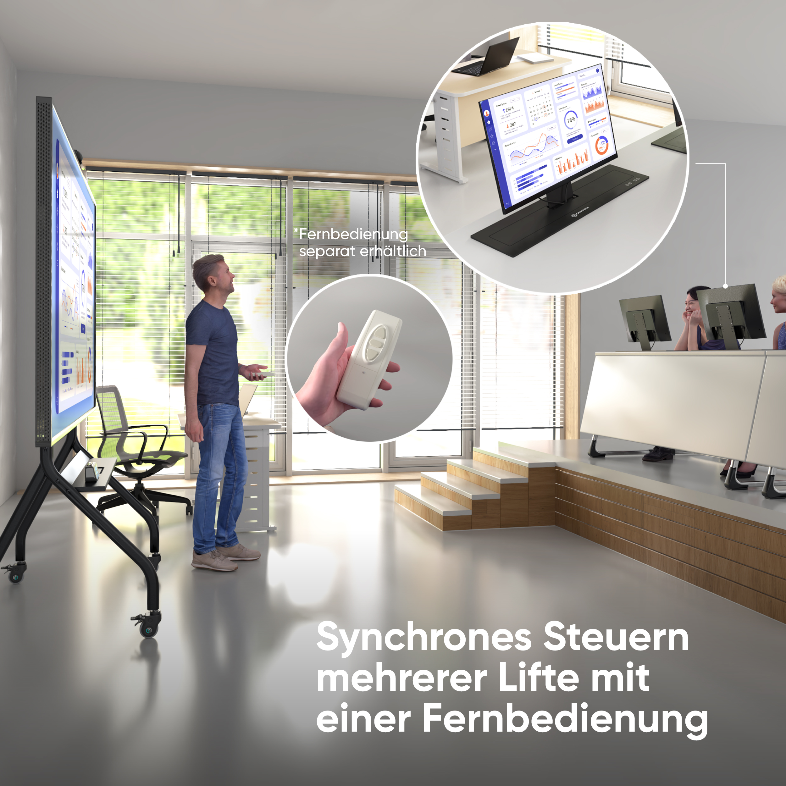Ein Mann benutzt eine Fernbedienung vor einem großen Bildschirm mit Büroangestellten im Hintergrund.