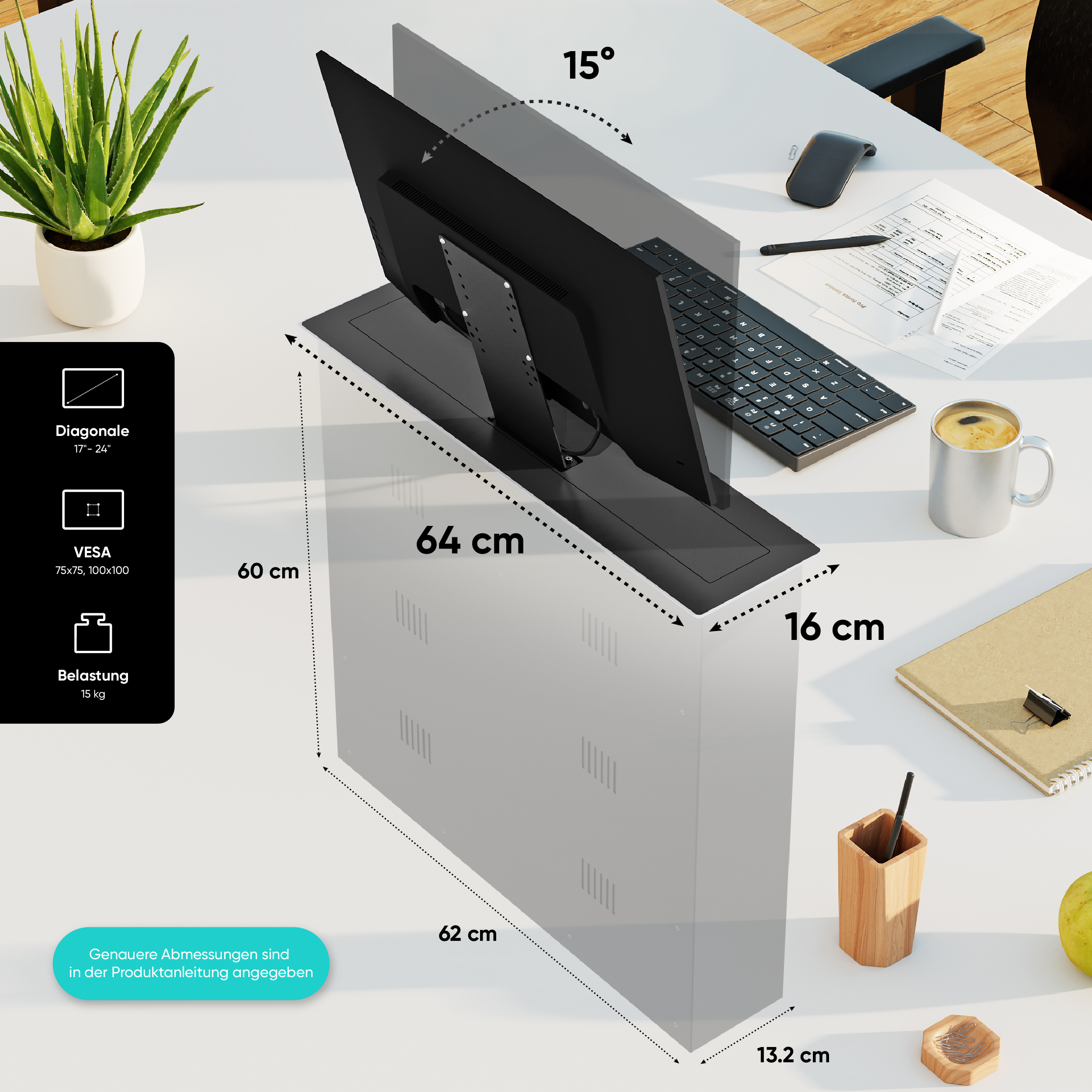 Ein Computer-Monitorständer mit Bildschirm und Schreibtisch. Der Ständer ist grau und der Bildschirm schwarz. Abmessungen sind angegeben.