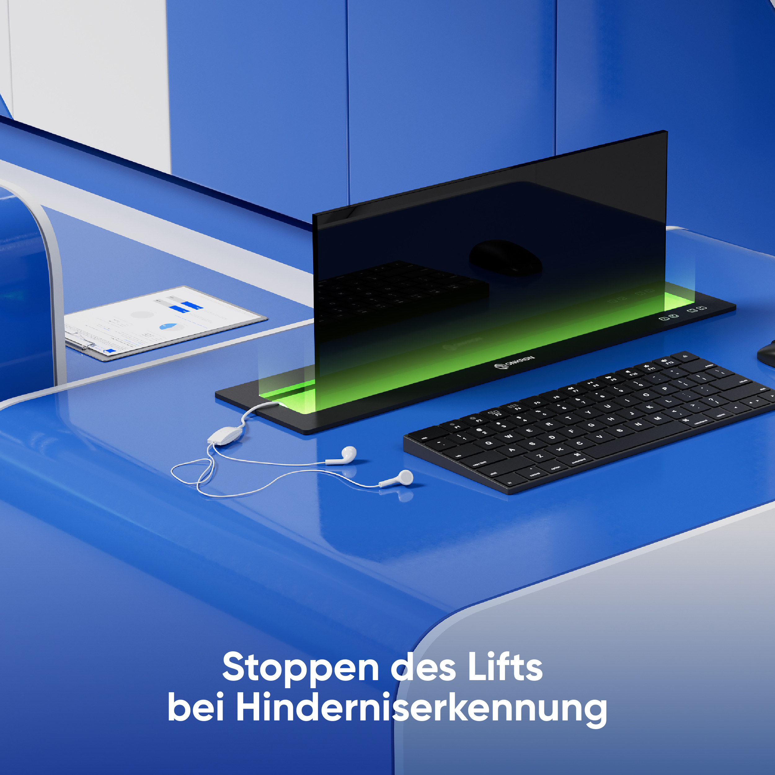 Ein blau-weißer Arbeitsbereich mit Monitor, Tastatur, Maus und Kopfhörern. Text: Stoppen des Lifts bei Hinderniserkennung.