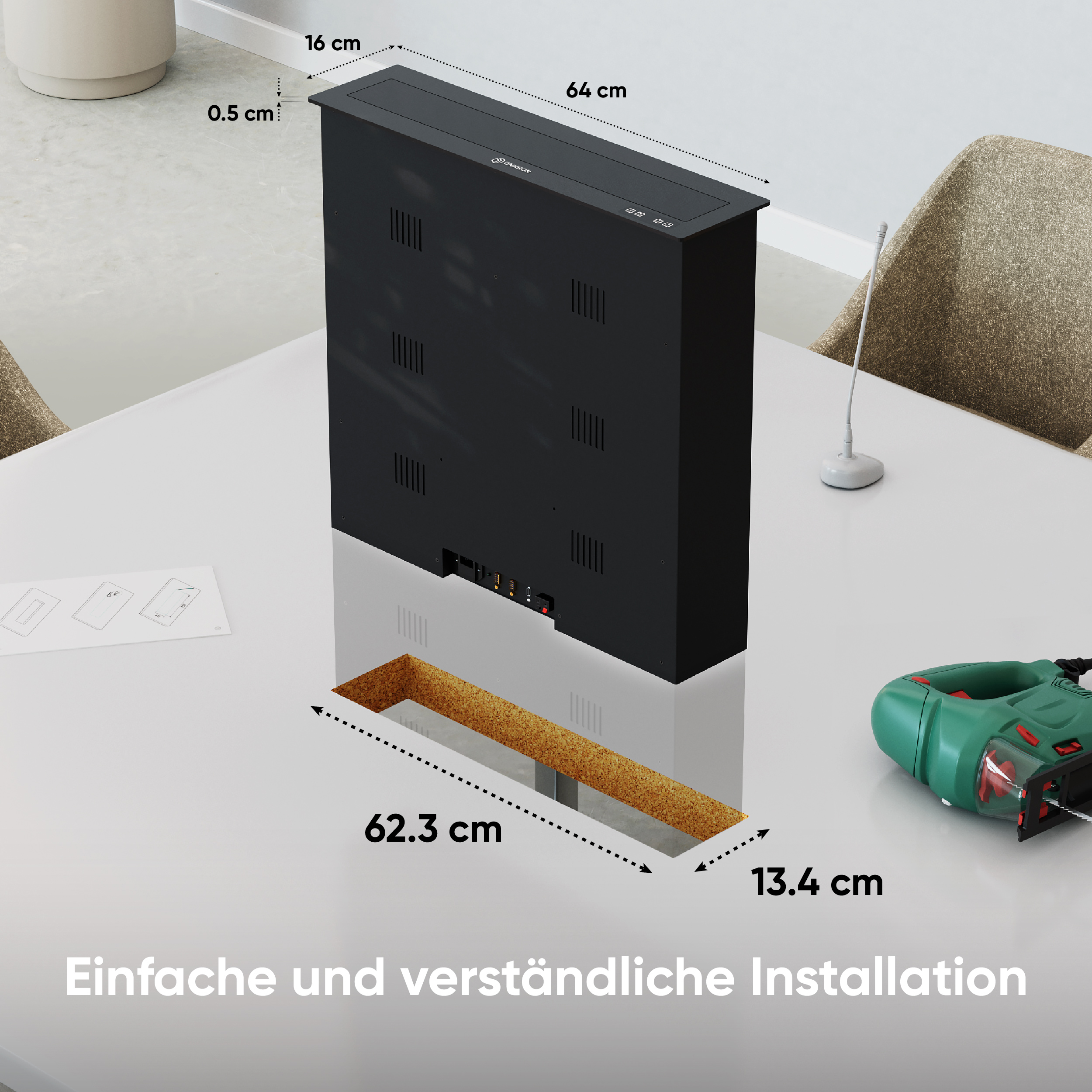 Ein schwarzes Gerät auf einem weißen Tisch mit Abmessungen und dem Text 'Einfache und verständliche Installation'.