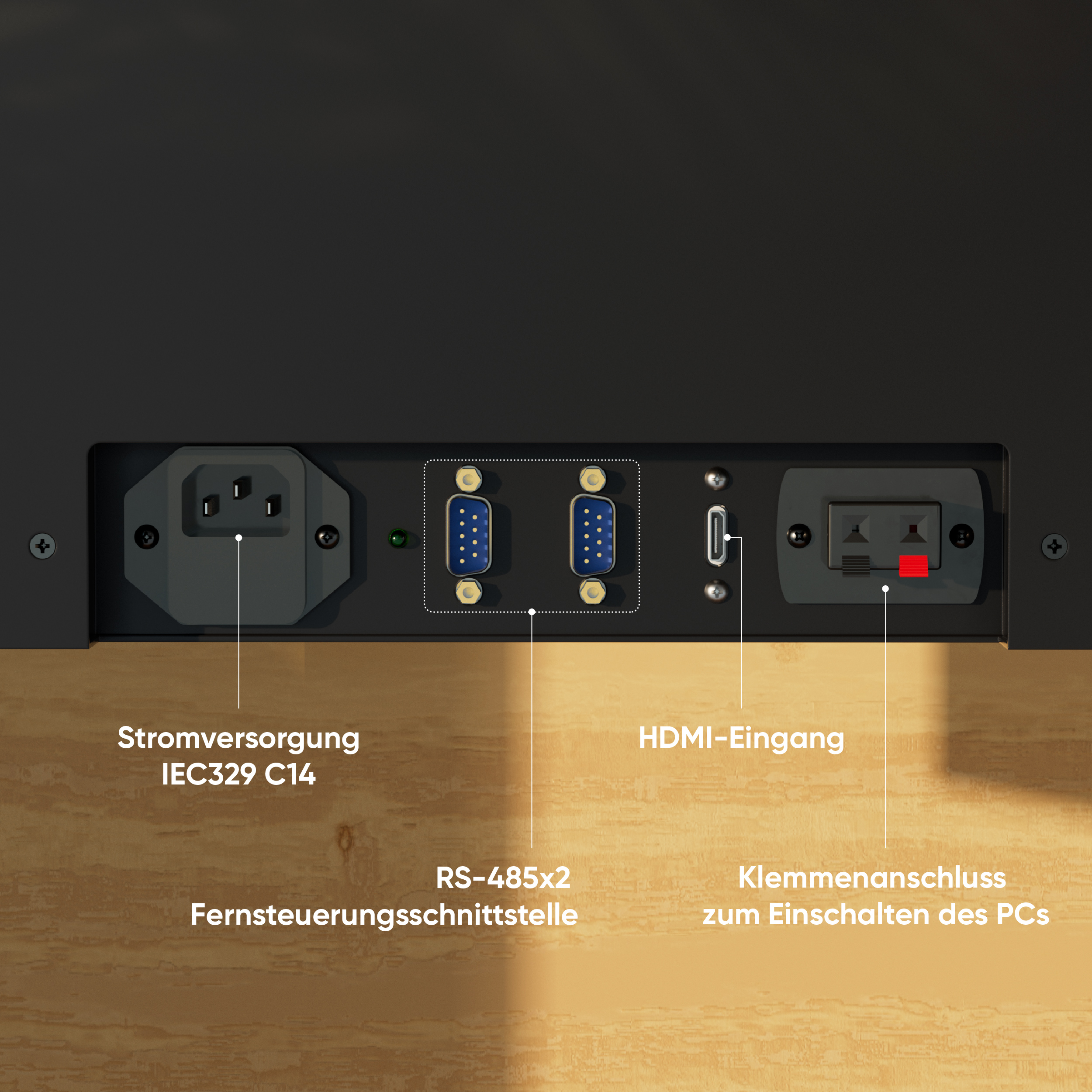 Nahaufnahme von elektronischen Geräteanschlüssen, einschließlich Stromversorgung, HDMI-Eingang und anderen Anschlüssen.