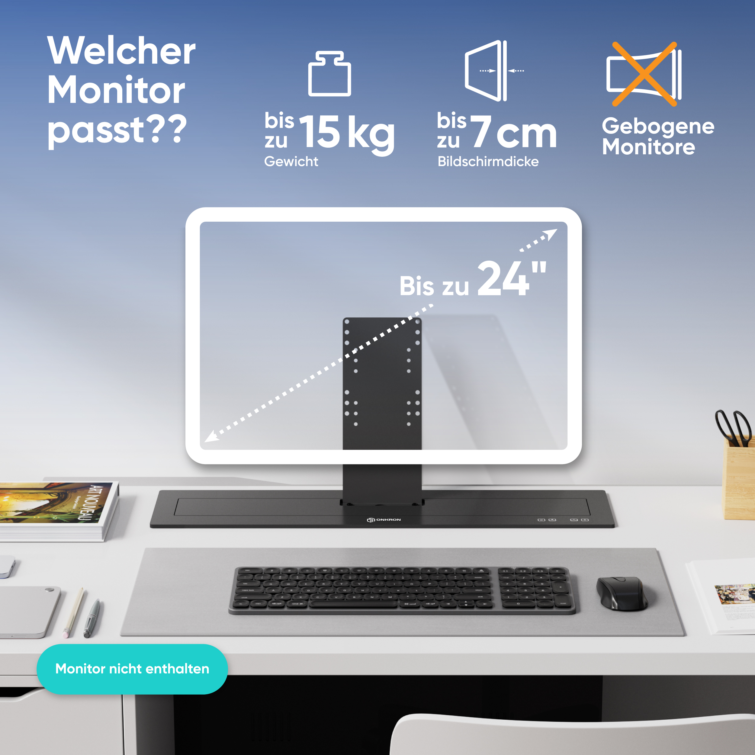 Computermonitor mit Tastatur und Maus. Der Monitor zeigt Informationen über seine Eigenschaften.