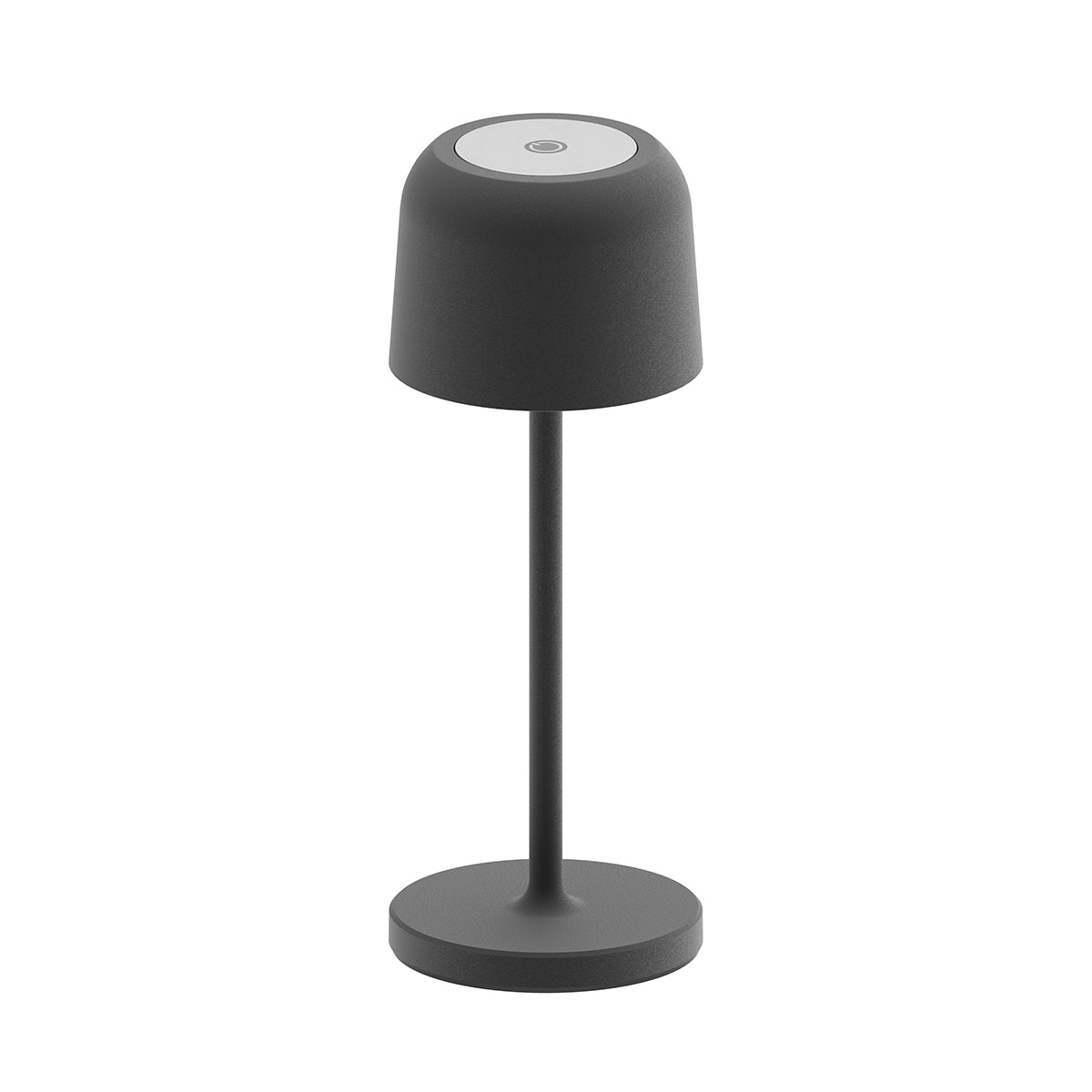 Eine kleine, moderne, graue Tischlampe mit zylindrischem Schirm und rundem Fuß.