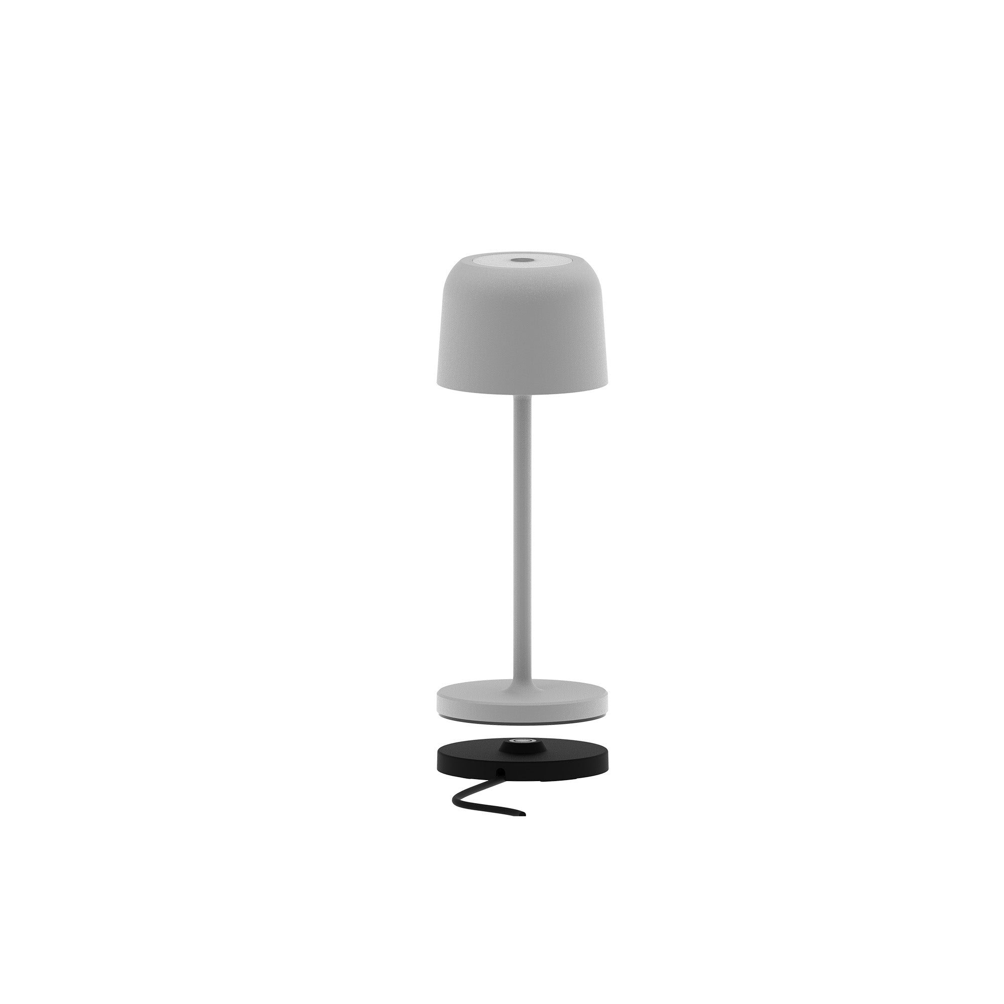 Graue Lampe zerlegt. Sockel, Stiel und Lampenschirm sind getrennt.