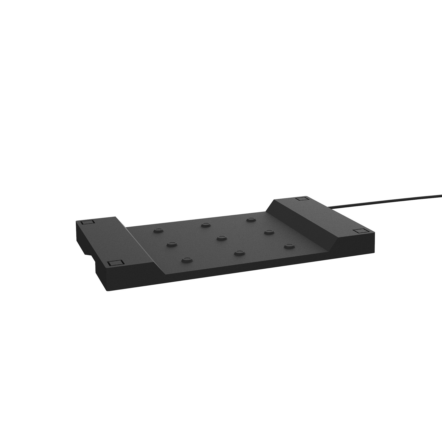 Ein schwarzes, rechteckiges Gerät mit erhöhten Kanten und kleinen, kreisförmigen Knöpfen, mit Kabel.