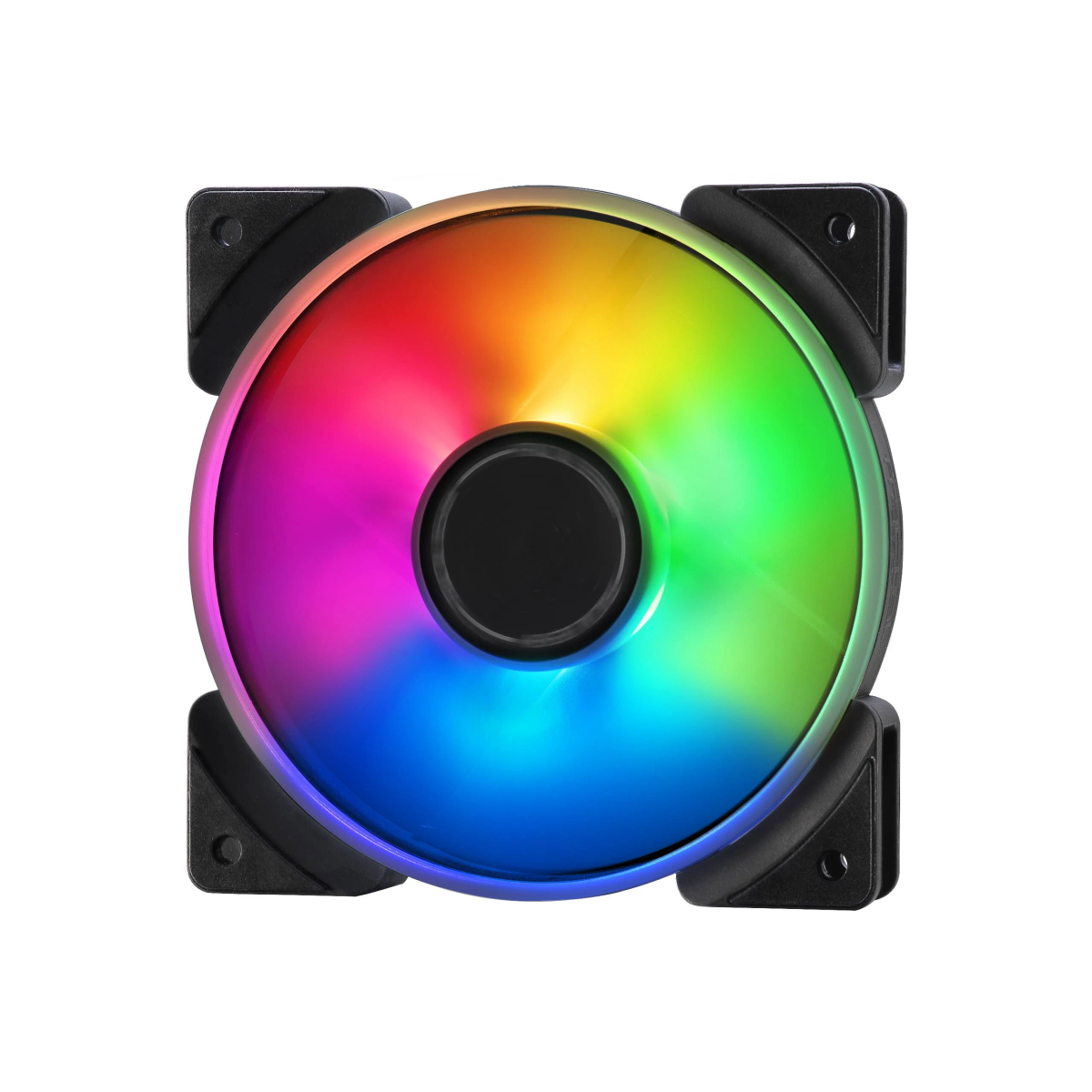 Una ventola del computer con più colori. Cornice quadrata nera, un cerchio di colori al centro.