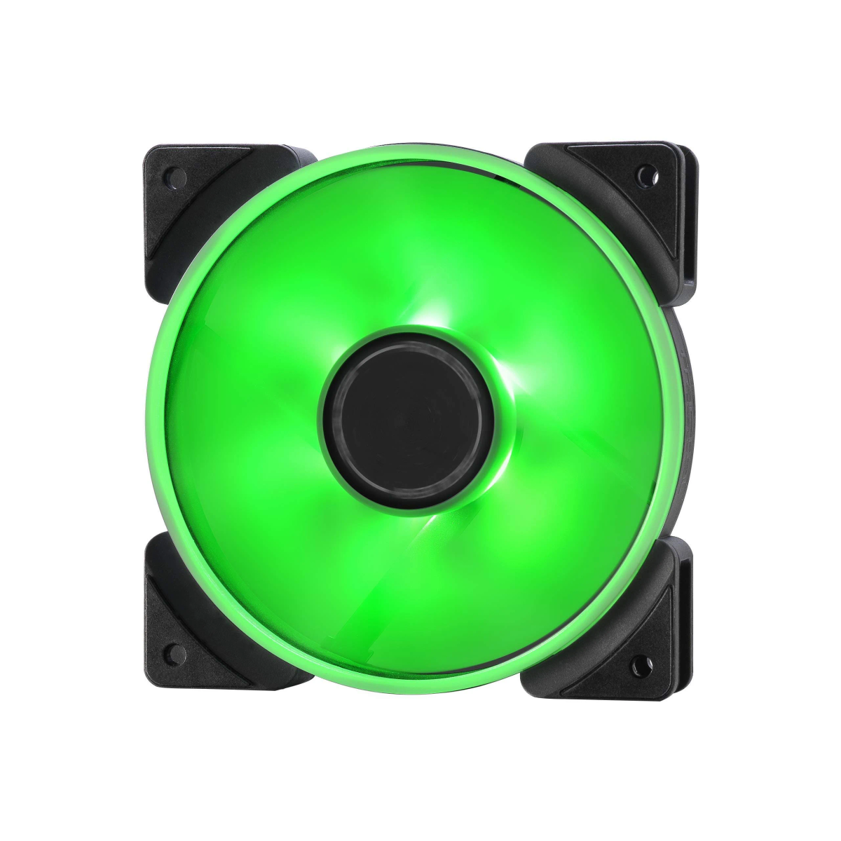 Una ventola per computer a LED verde con quattro angoli neri, isolata su sfondo bianco.