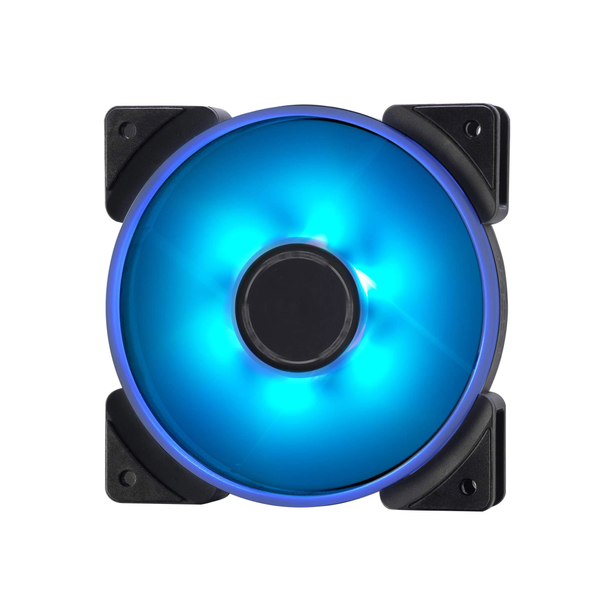 Una ventola per computer con luci LED blu. La ventola è nera e ha quattro fori di montaggio.