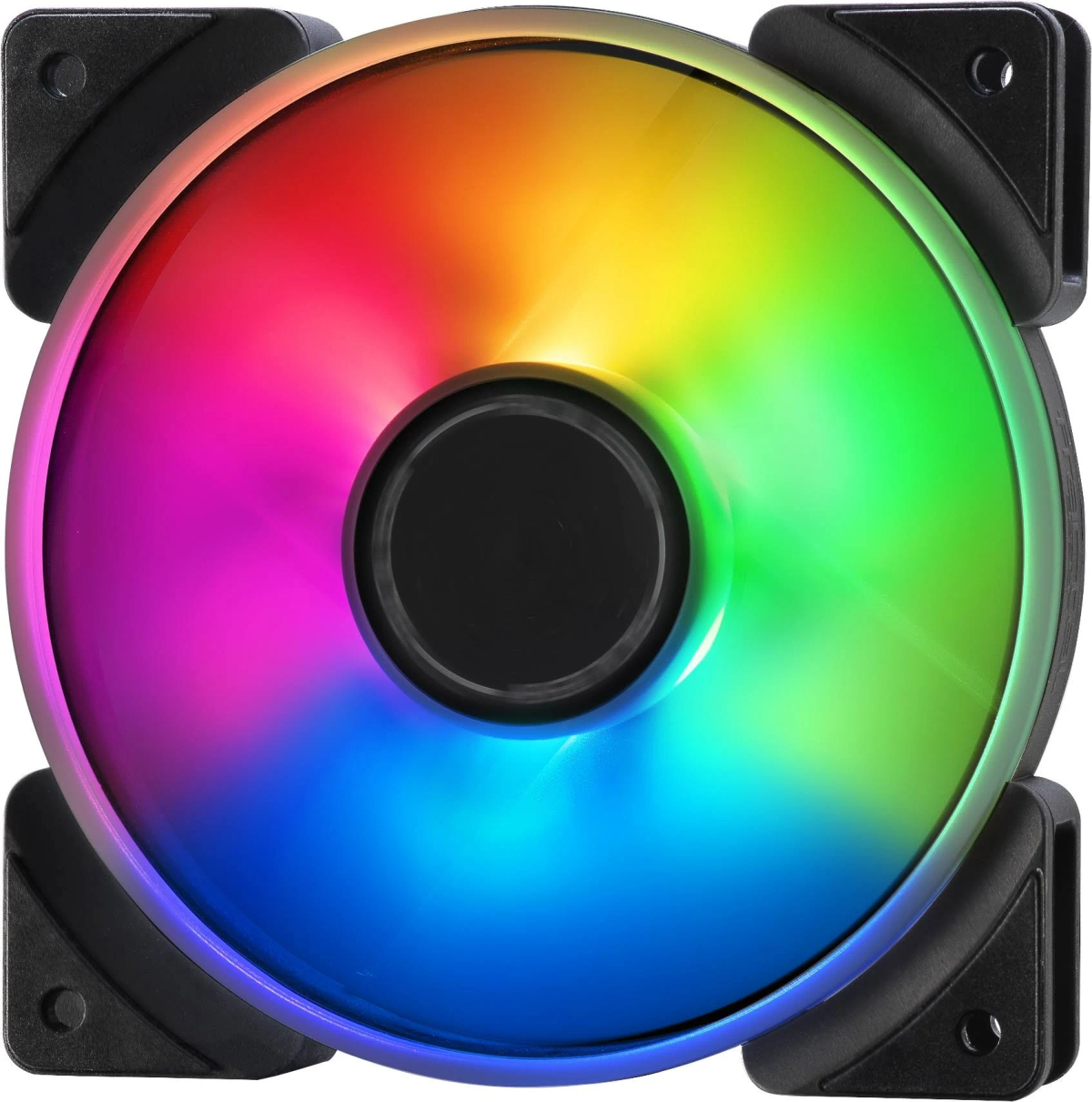 Una ventola del computer con una cornice nera mostra un gradiente di colori arcobaleno al centro.