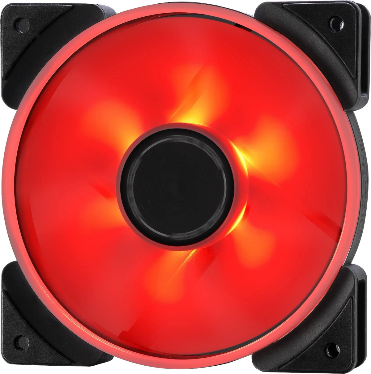 Una ventola per computer rossa con angoli neri, illuminata al centro.