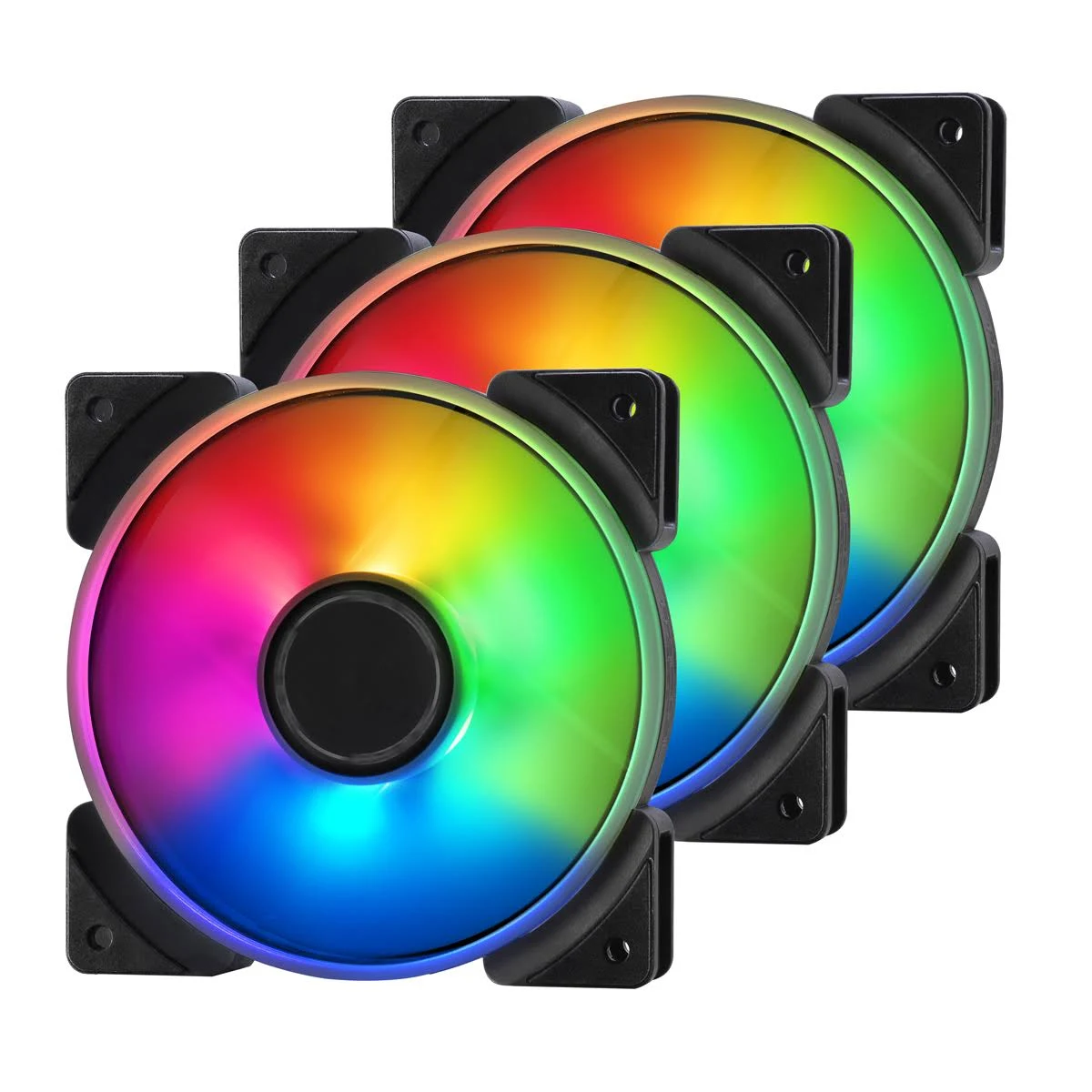 Tre ventole per computer RGB con effetti di luce arcobaleno, telai neri e fori di montaggio.