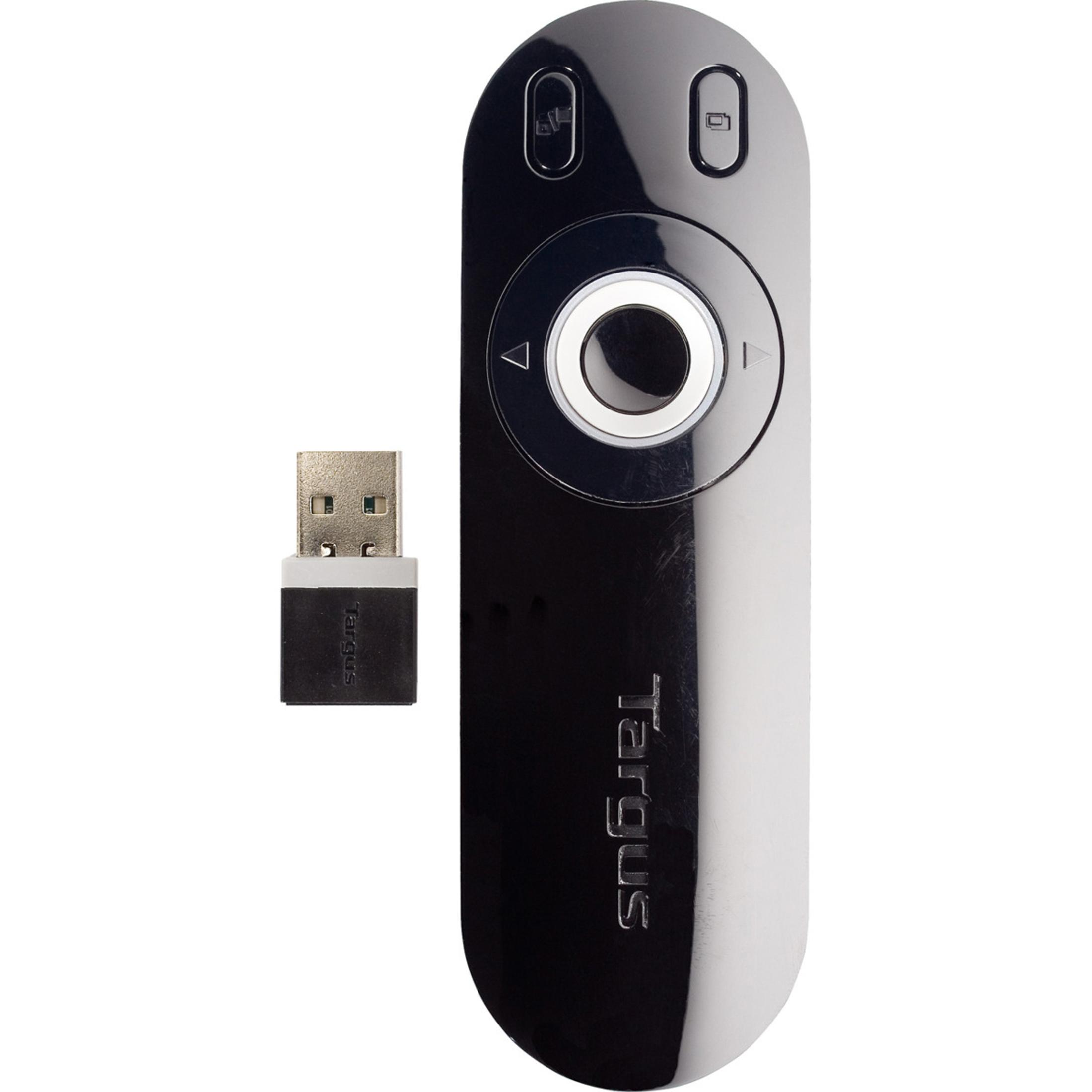Ein schwarzer Targus-Präsentationsgerät mit USB-Empfänger. Es hat Tasten für Navigation und Präsentation.