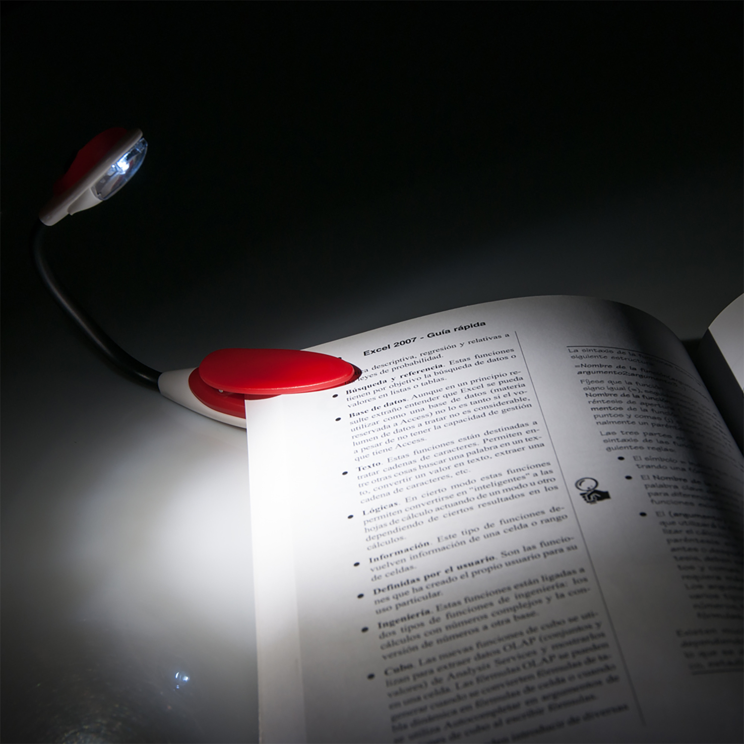 Un libro con una luce da lettura a LED a clip, che illumina le pagine aperte, con testo visibile.