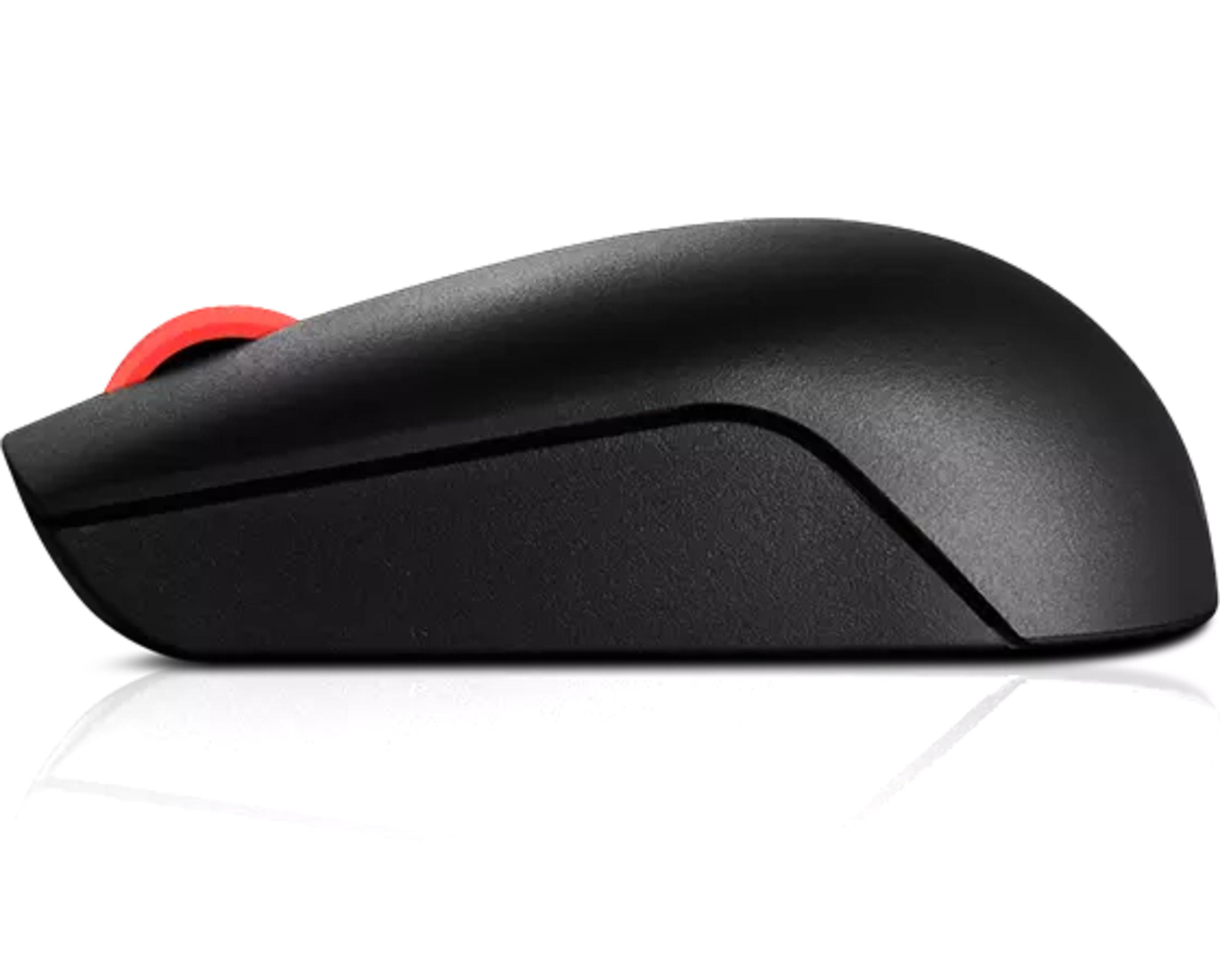 Zwarte computermuis met een rood scrollwiel, zijaanzicht op een wit oppervlak.