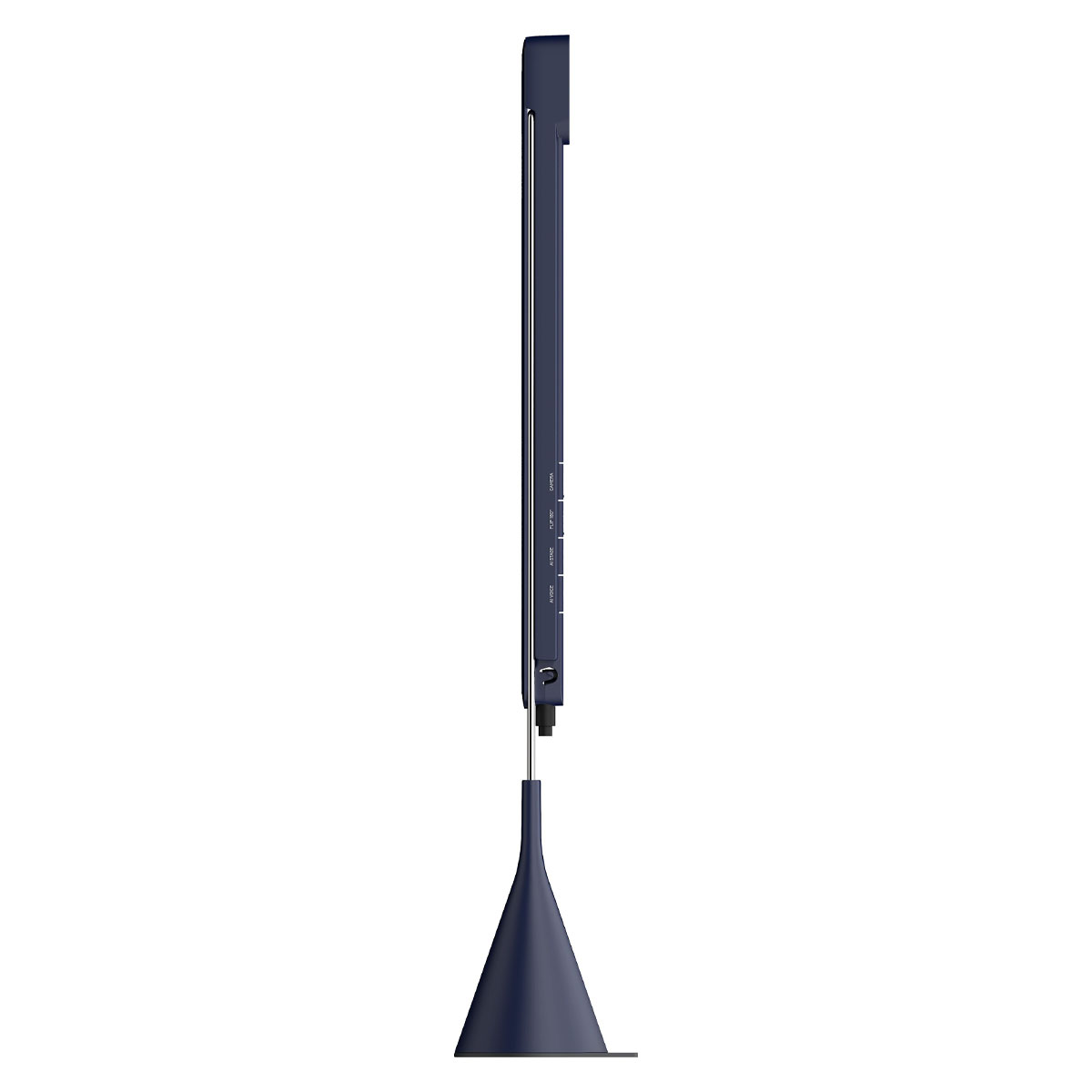 Un objet bleu foncé avec une forme conique vers le bas.
