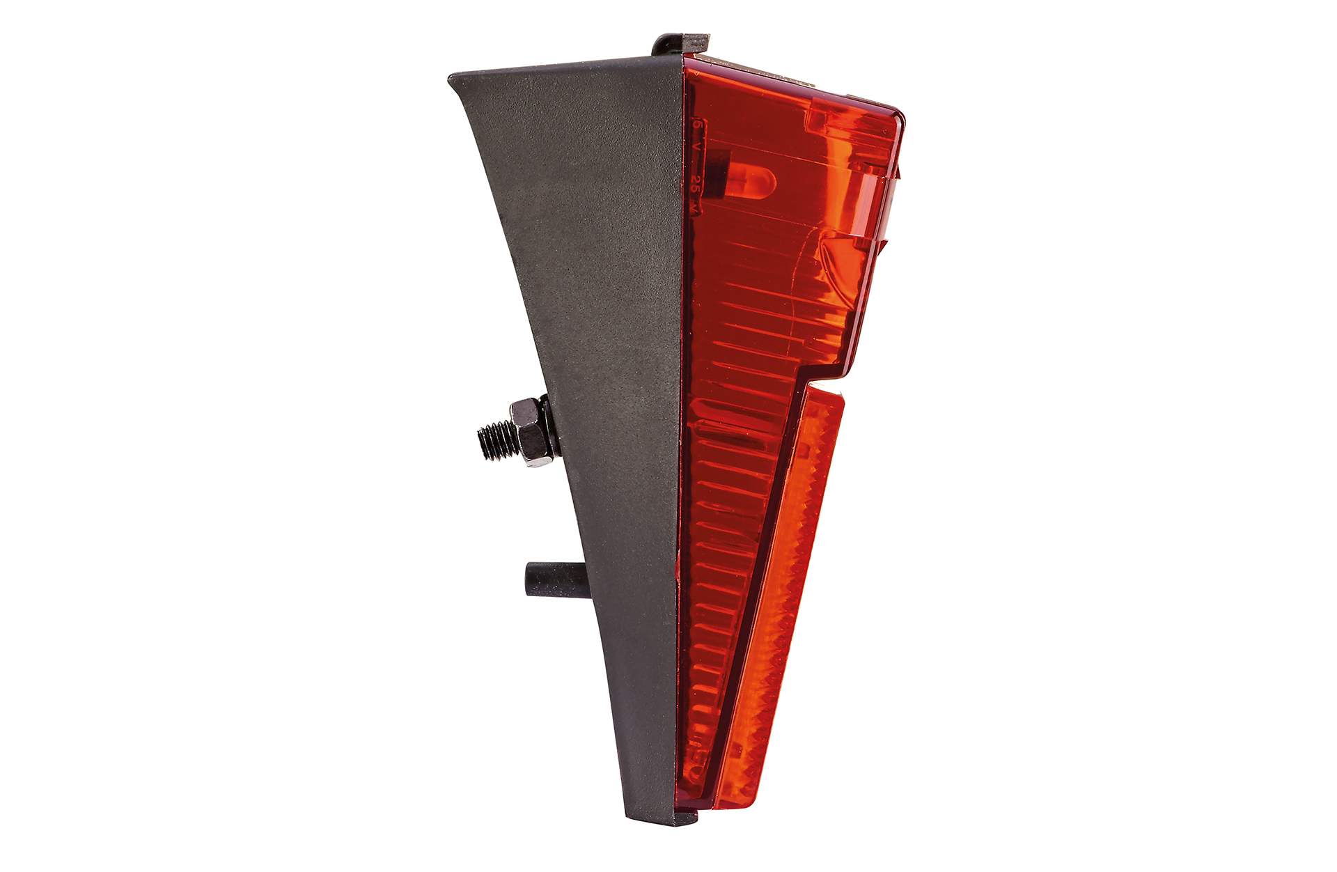 Rotes und schwarzes Fahrrad-Rücklicht. Rote Linse rechts, schwarze Halterung links, Schraube und Mutter sichtbar.