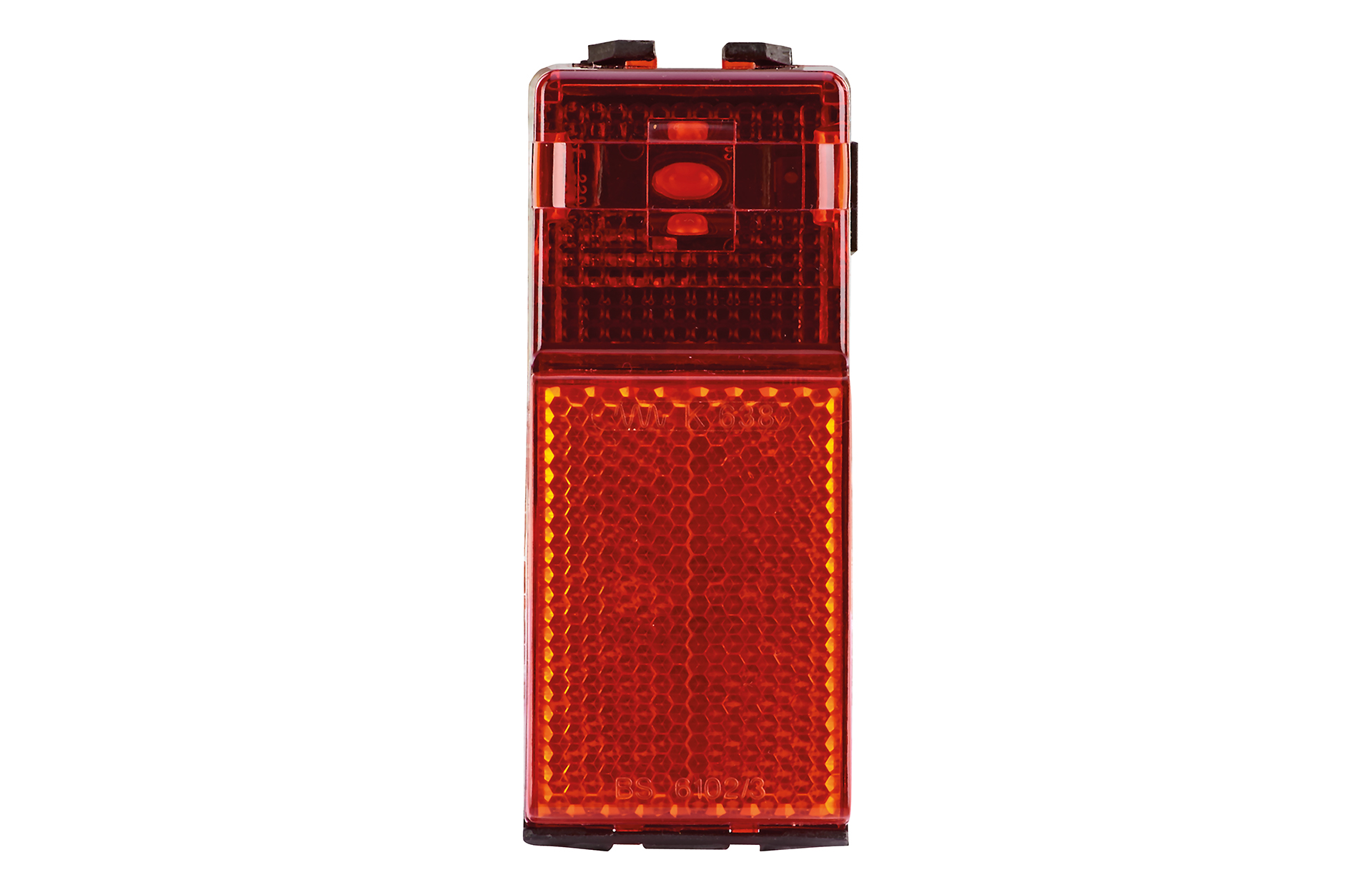 Roter Fahrradreflektor mit rechteckiger Form, mit schwarzem Rahmen.