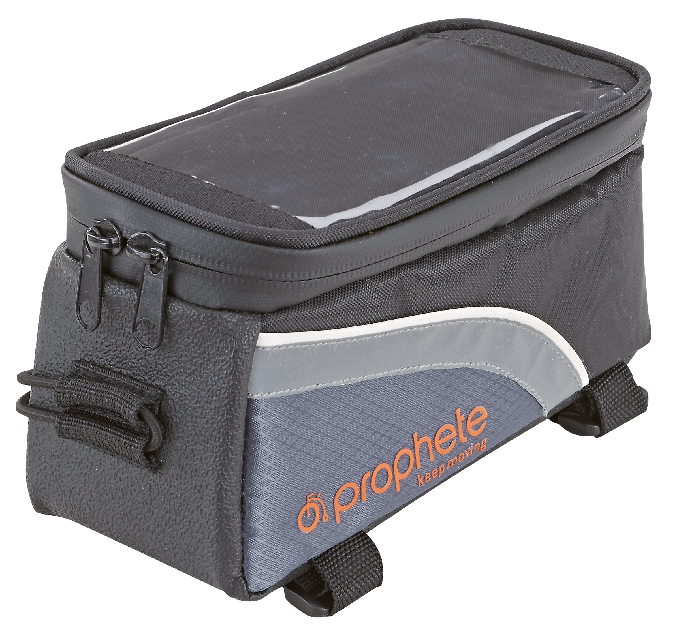 Eine schwarze Fahrradtasche mit durchsichtigem Deckel. Sie hat eine grau-weiße Fläche mit dem Wort "prophete" drauf.