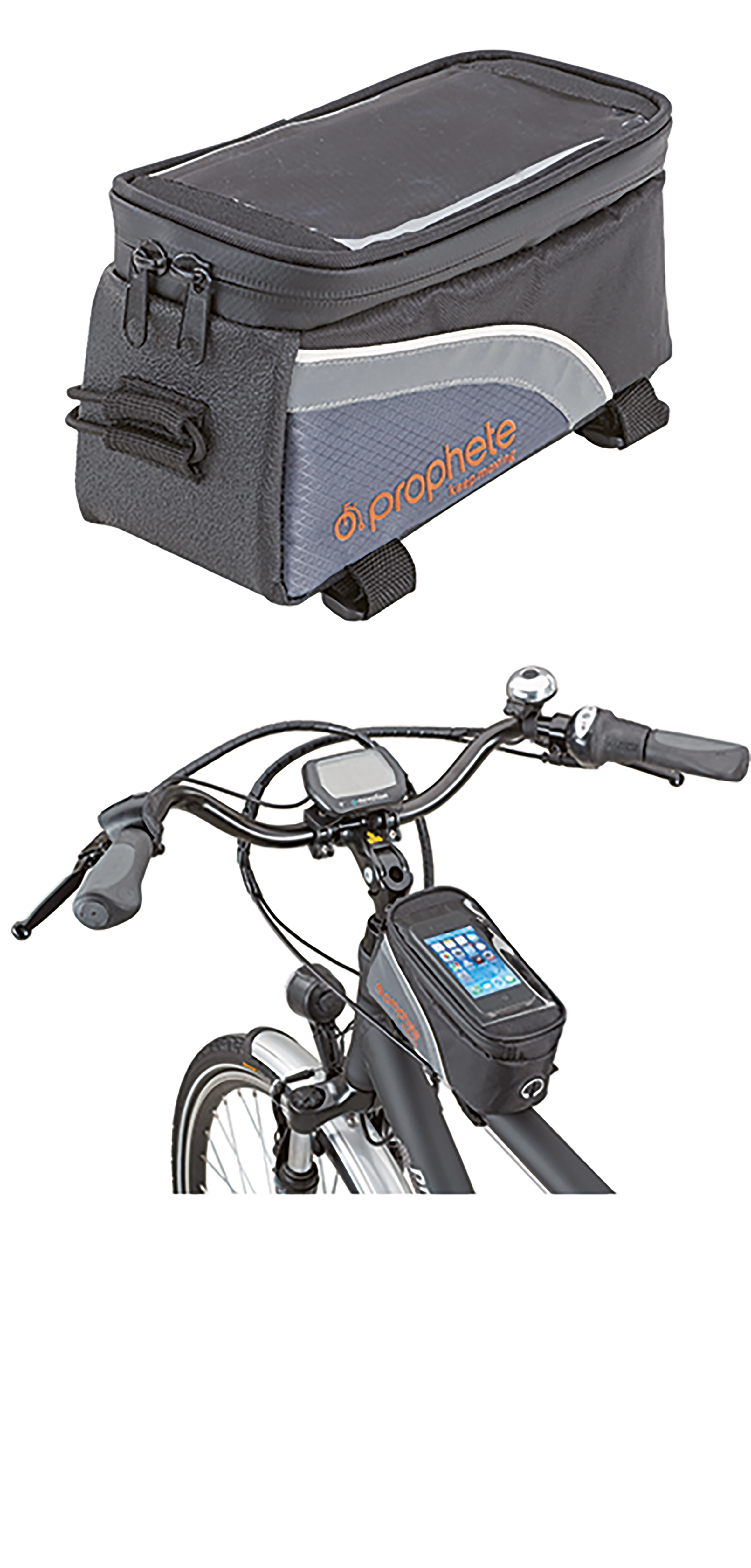 Schwarze Fahrradtasche am Lenker montiert, mit durchsichtigem Deckel für Handy.