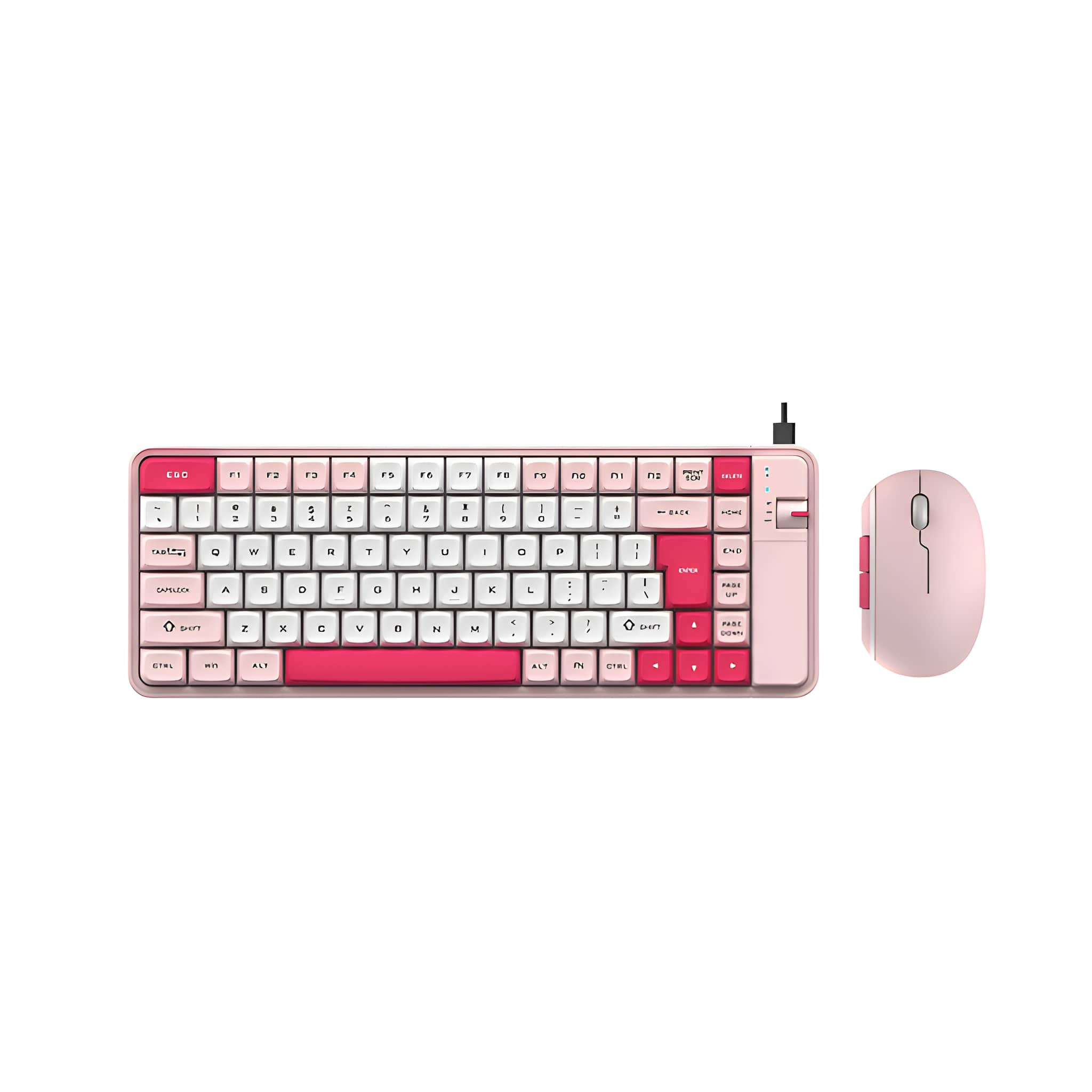 Ein pinkes Tastatur- und Maus-Set, mit weißen Tasten und einer pinken Maus.