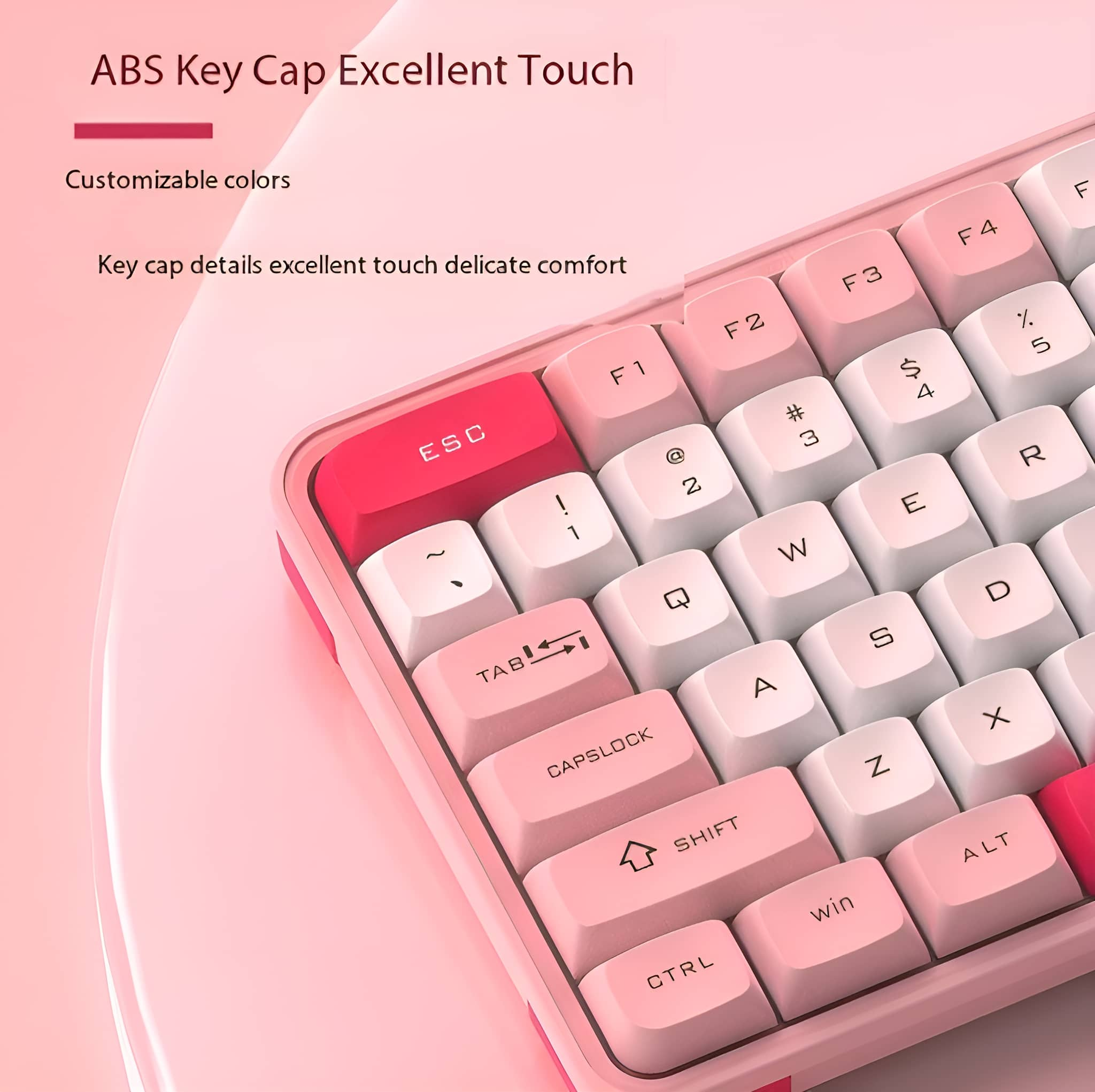 Rosa Tastatur mit weißen Tasten, rote ESC-Taste. Text: ABS Key Cap Excellent Touch, Anpassbare Farben.