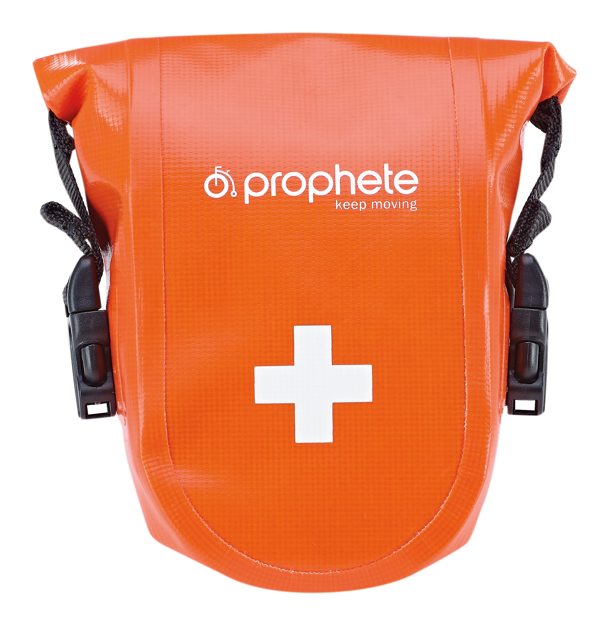 Orangefarbene Tasche mit weißem Kreuz, beschriftet 'prophète keep moving'. Schwarze Riemen und Schnallen.