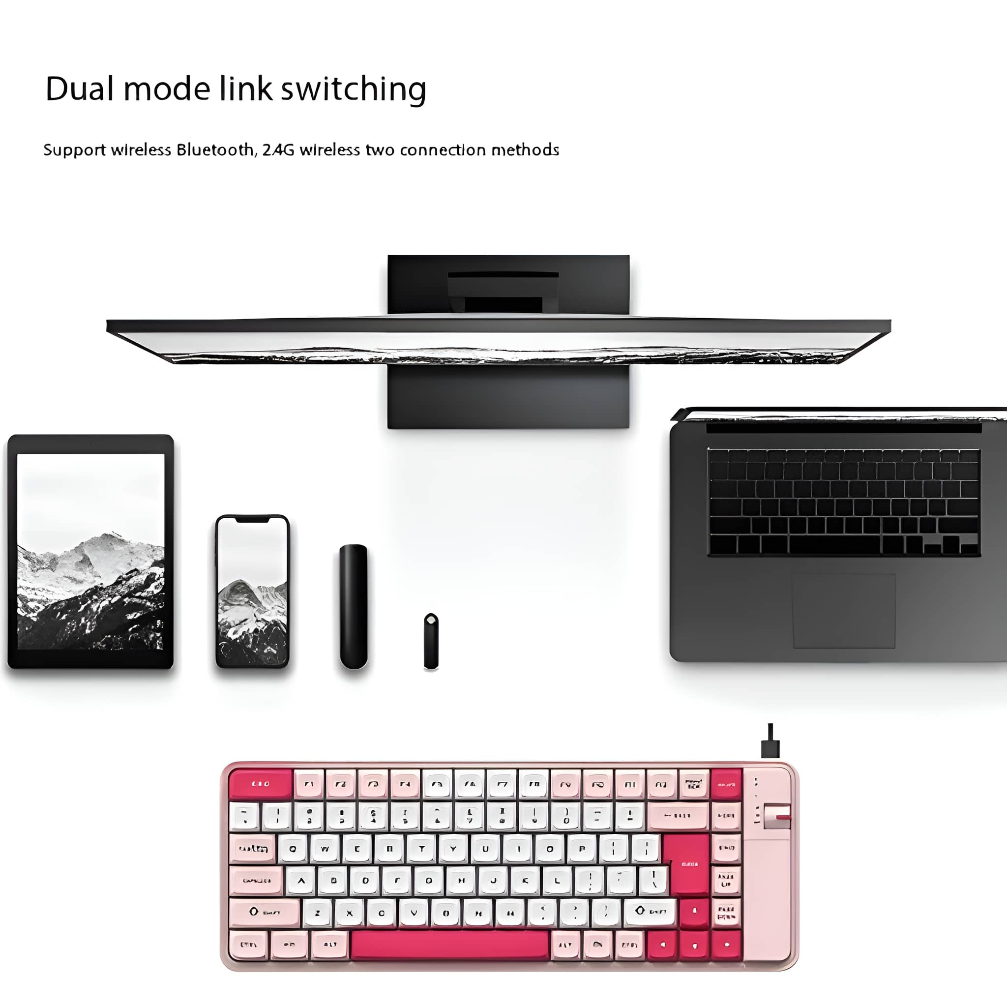 Rosa und weiße mechanische Tastatur, mit Monitor, Tablet, Telefon und Laptop, auf Weiß.