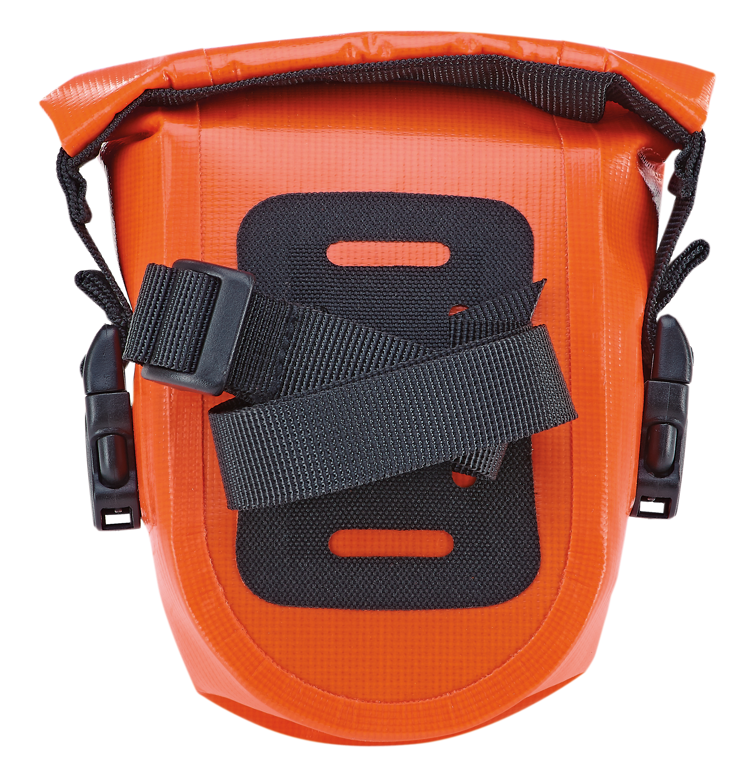Orangene wasserdichte Tasche mit schwarzen Gurten und Schnallen. Zur Montage an einem Fahrrad konzipiert.