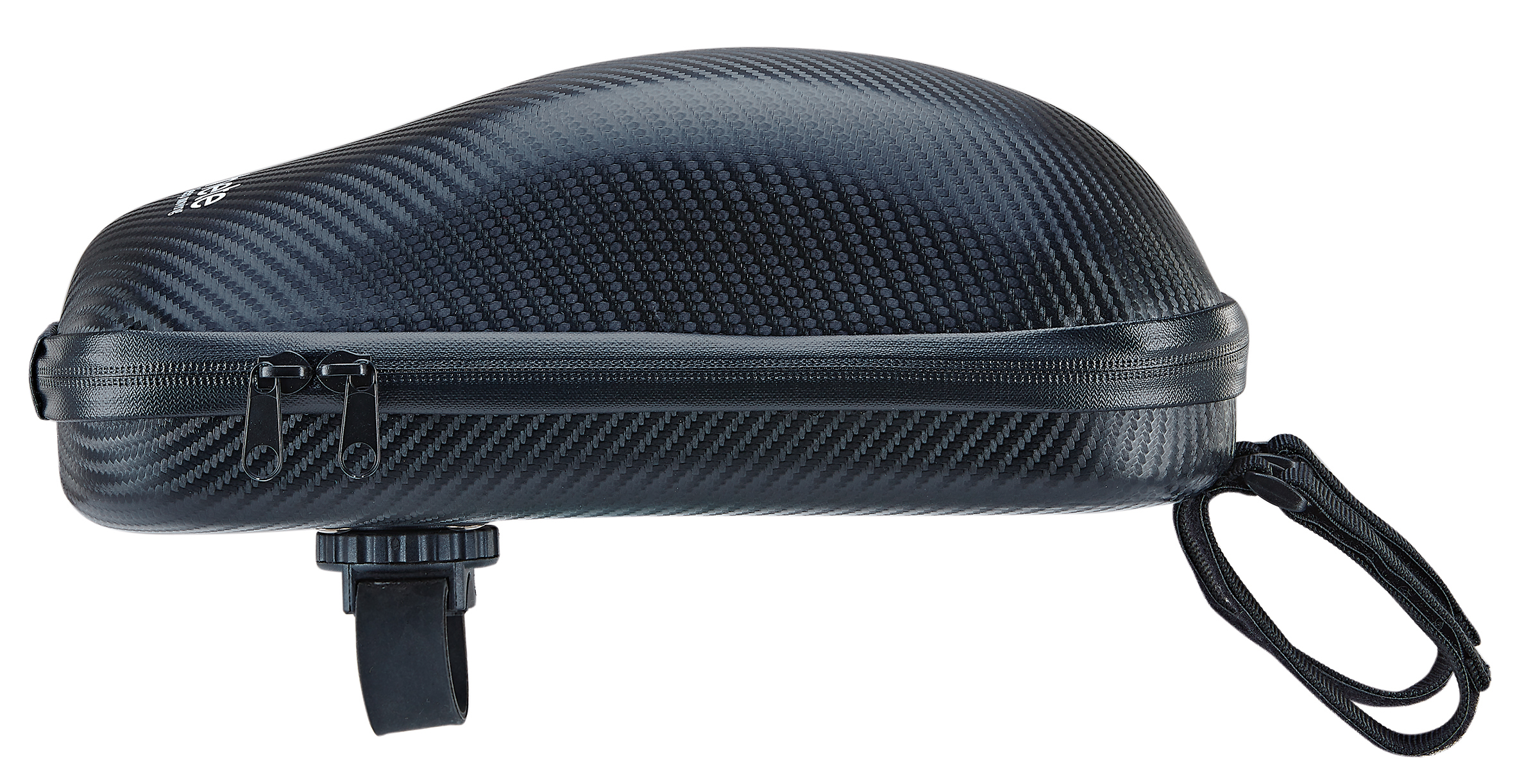 Schwarze Fahrrad-Oberrohrtasche aus Kohlefaser mit Reißverschluss und Riemen auf weißem Hintergrund.
