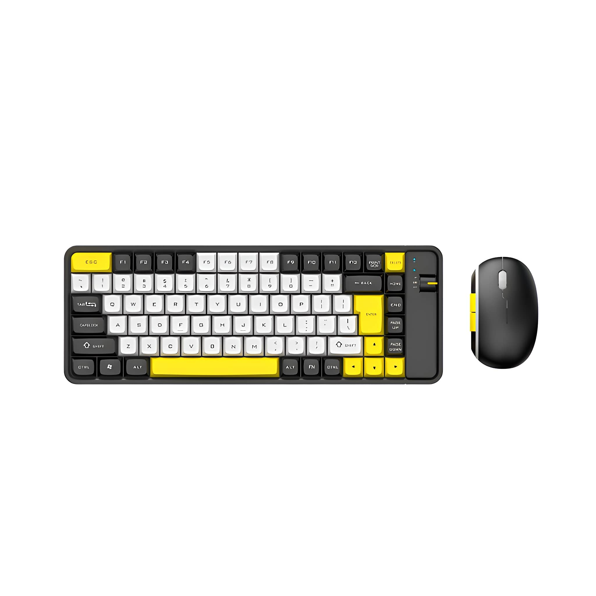 Schwarze Tastatur und Maus-Kombination. Gelbe Tasten und Akzente. Weißer Hintergrund.
