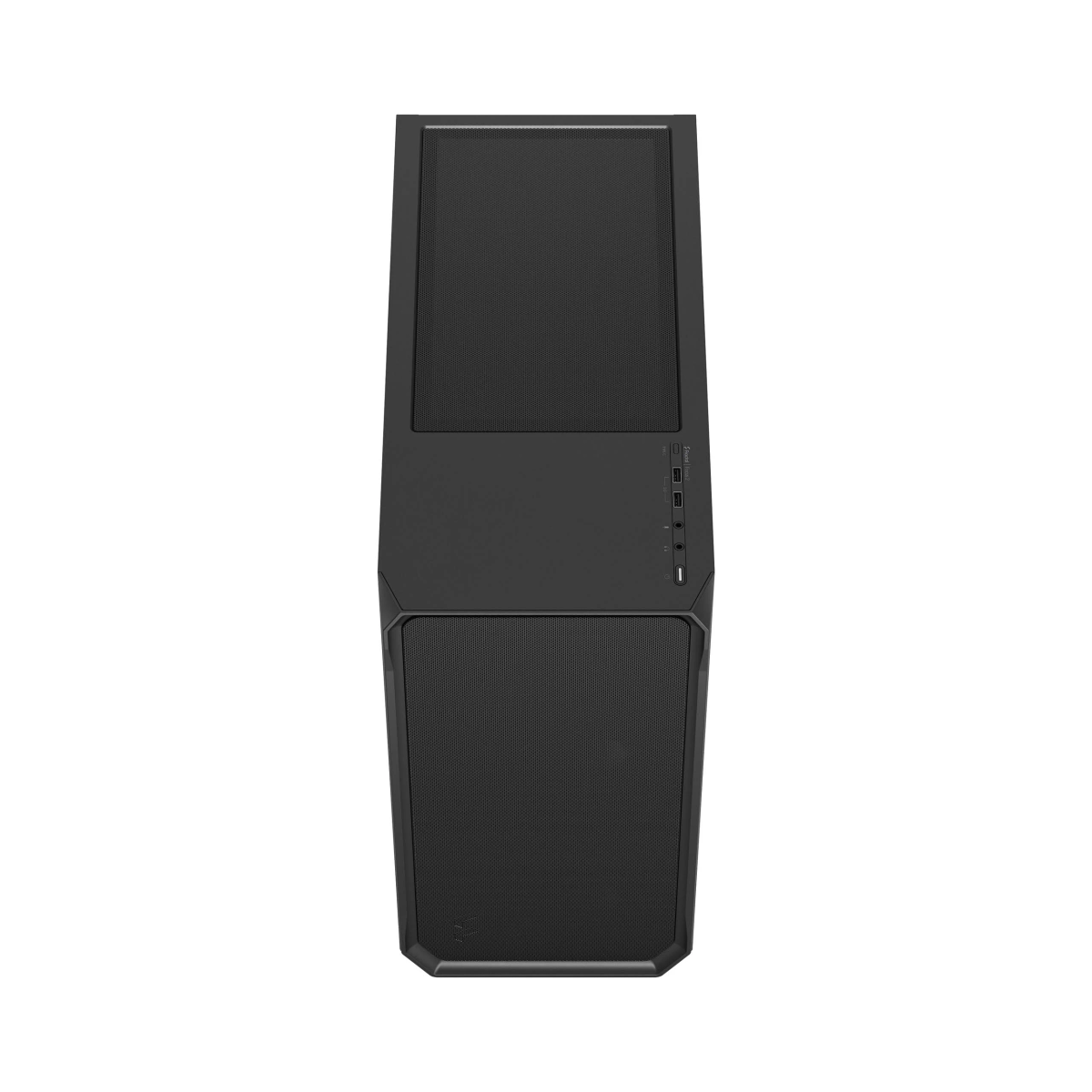 Ein schwarzes Computergehäuse mit einem Mesh-Vorderteil und einigen Anschlüssen oben.