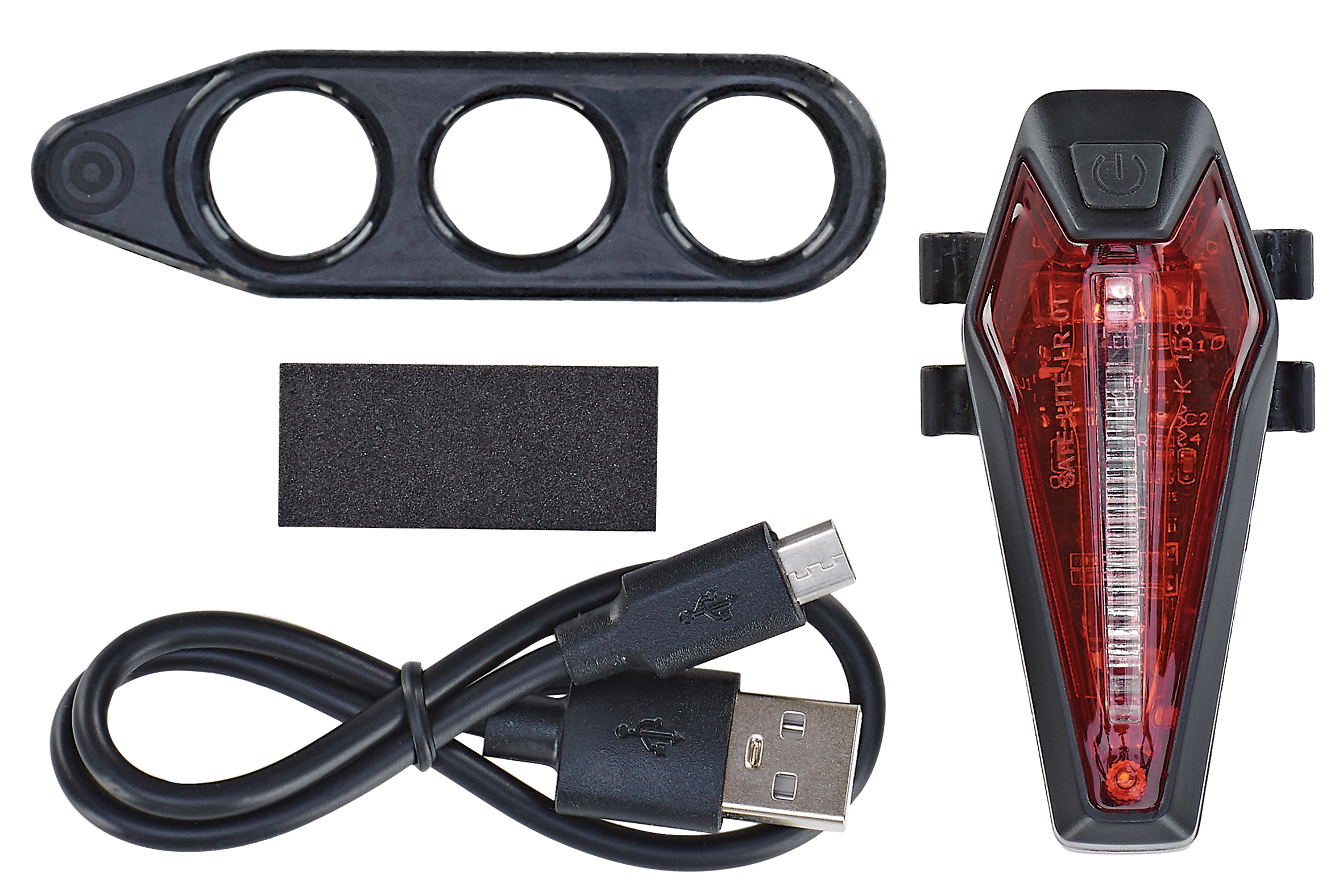 Fahrrad-Sicherheitslicht-Set, einschließlich rotem Licht, Halterung und USB-Kabel.