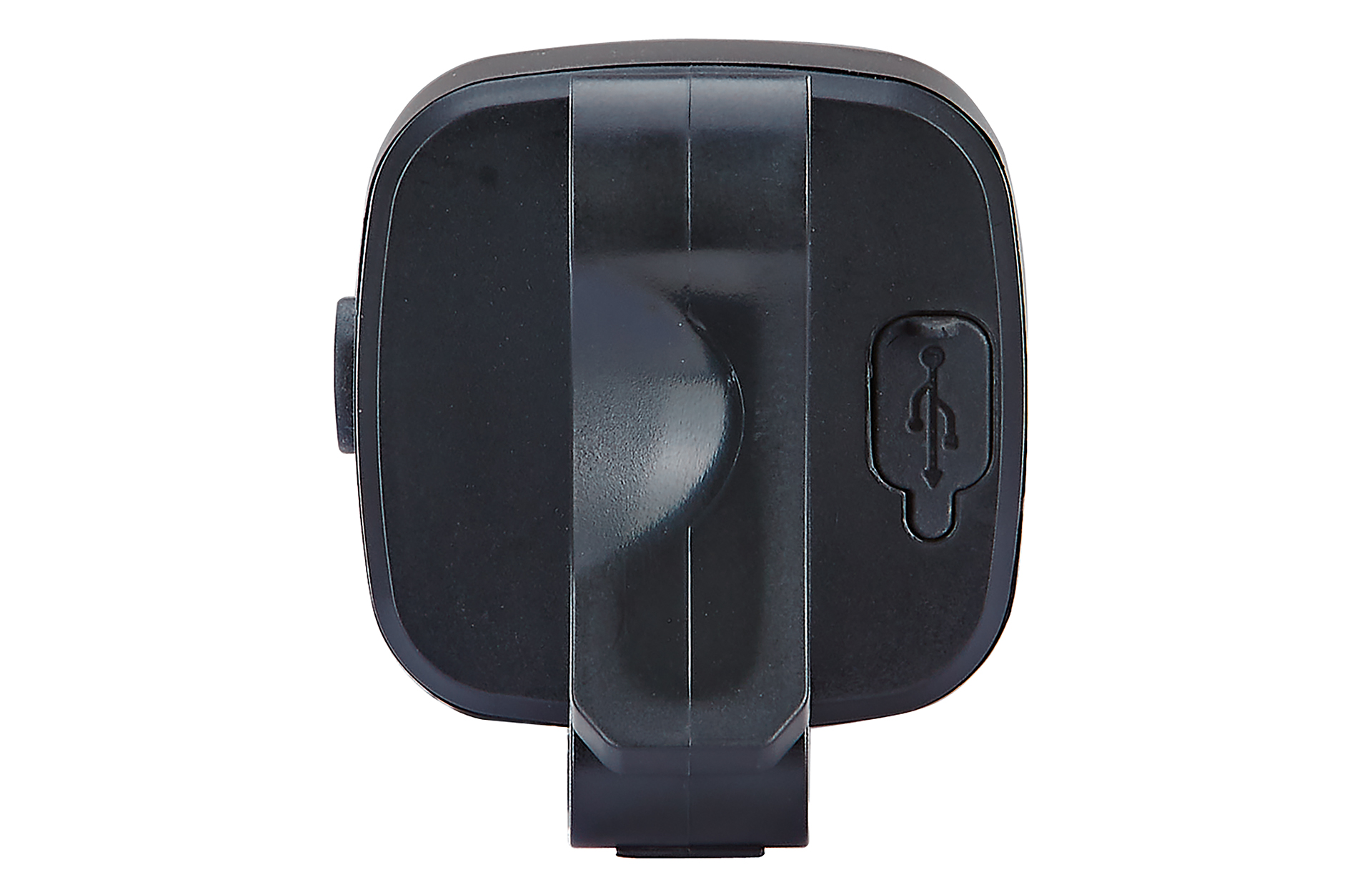 Ein schwarzes Gerät mit USB-Anschluss und Clip zum Befestigen, isoliert auf Weiß.